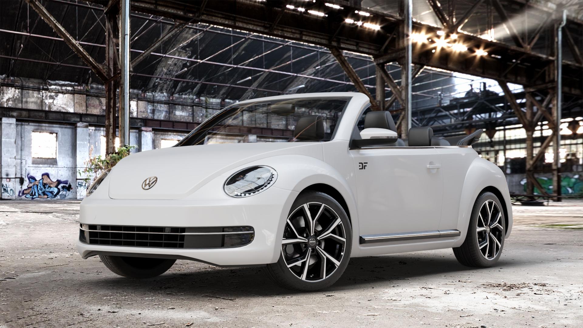 GMP Italia Mentor Black diamond Felge mit Reifen schwarz in 18Zoll Winterfelge Alufelge auf weissem Volkswagen (VW) The Beetle Cabrio Typ 16 ⬇️ mit 15mm Tieferlegung ⬇️ Old Industrial Hall_max_4400mm_2024 Frontansicht_1