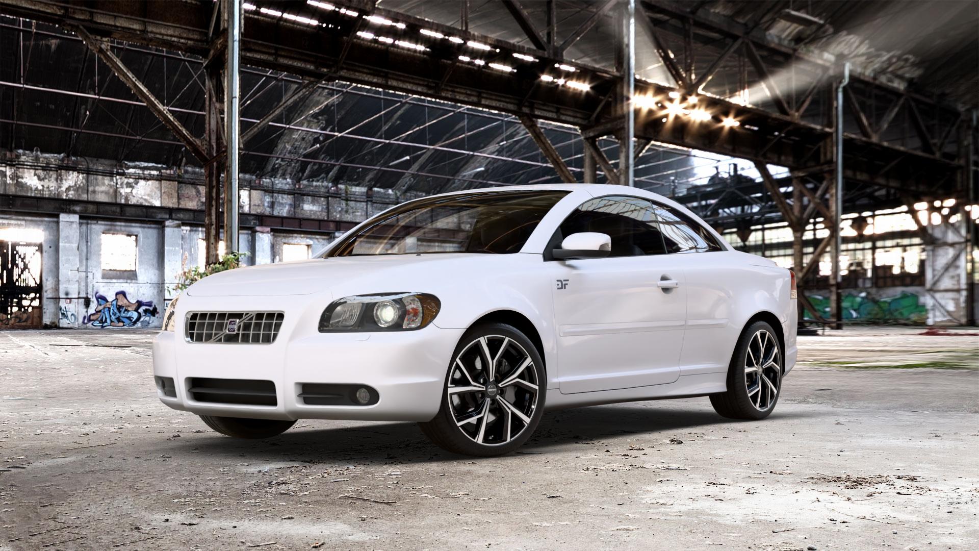 GMP Italia Mentor Black diamond Felge mit Reifen schwarz in 18Zoll Winterfelge Alufelge auf weissem Volvo C70 II Cabriolet Typ M ⬇️ mit 15mm Tieferlegung ⬇️ Old Industrial Hall_max_5300mm_2024 Frontansicht_1