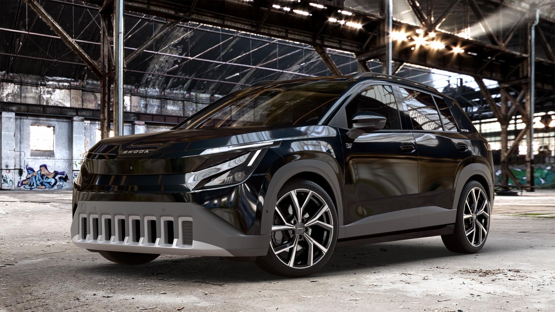 GMP Italia Mentor Black Diamond Felge mit Reifen schwarz in 19Zoll Winterfelge Alufelge auf metallic schwarzem Skoda Epiq Typ PX ⬇️ mit 15mm Tieferlegung ⬇️ Old Industrial Hall_max_4400mm_2024 Frontansicht_1