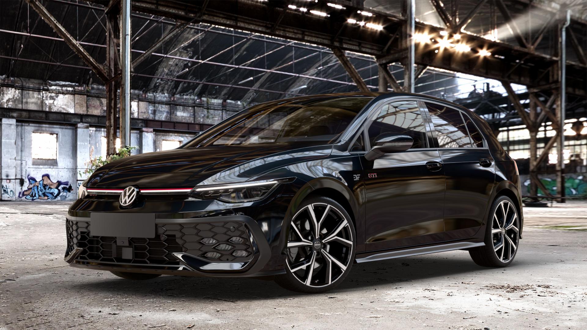 GMP Italia Mentor Black Diamond Felge mit Reifen schwarz in 19Zoll Winterfelge Alufelge auf metallic schwarzem Volkswagen (VW) Golf 8 Facelift 2,0l GTI 195kW (265 PS) ⬇️ mit 15mm Tieferlegung ⬇️ Old Industrial Hall_max_4400mm_2024 Frontansicht_1