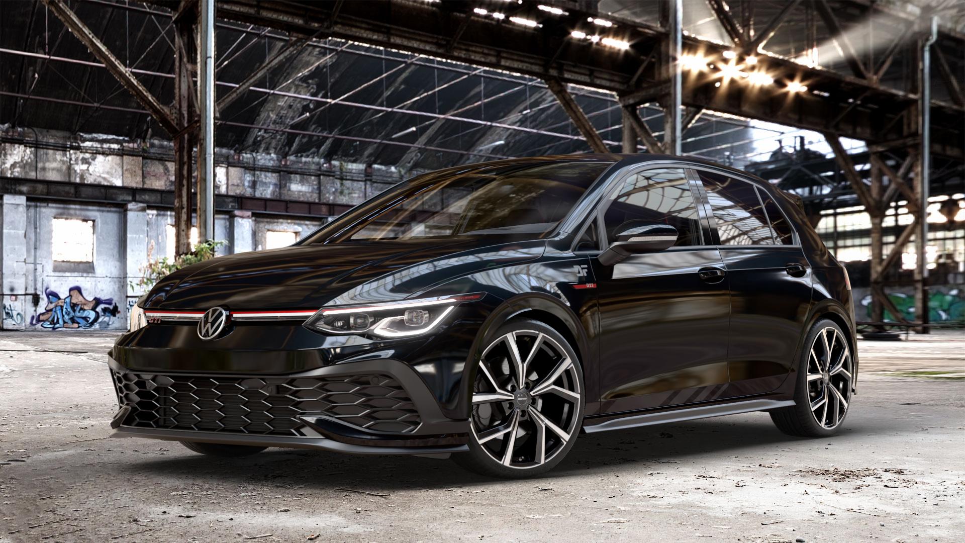 GMP Italia Mentor Black diamond Felge mit Reifen schwarz in 19Zoll Winterfelge Alufelge auf schwarzem metallic Volkswagen (VW) Golf 8 2,0l GTI Clubsport 221kW (300 PS) ⬇️ mit 15mm Tieferlegung ⬇️ Old Industrial Hall_max_4400mm_2024 Frontansicht_1