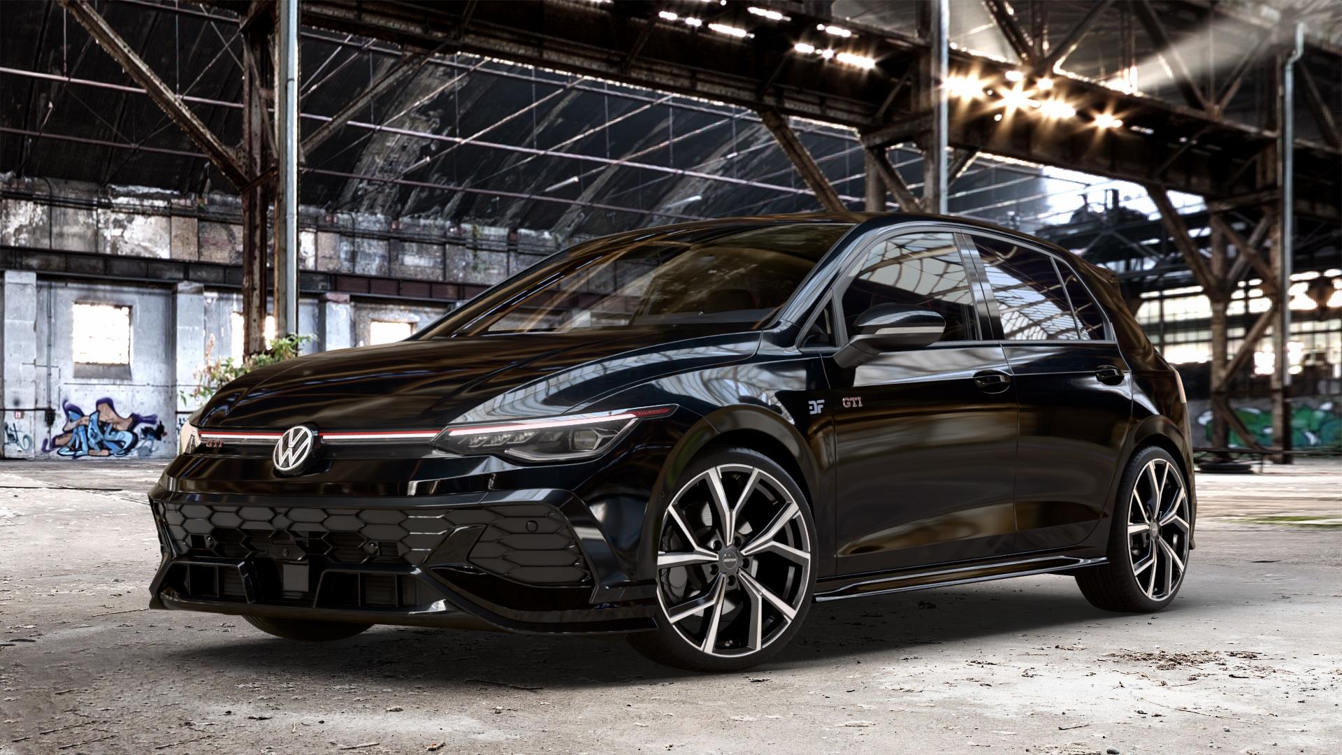 GMP Italia Mentor Black Diamond Felge mit Reifen schwarz in 19Zoll Winterfelge Alufelge auf schwarzem Volkswagen (VW) Golf 8 Facelift 2,0l GTI Clubsport 221kW (300 PS) ⬇️ mit 15mm Tieferlegung ⬇️ Old Industrial Hall_max_4400mm_2024 Frontansicht_1