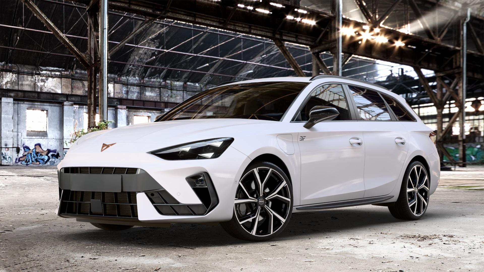 GMP Italia Mentor Black diamond Felge mit Reifen schwarz in 19Zoll Winterfelge Alufelge auf weissem Cupra Leon Typ KL ST Facelift ⬇️ mit 15mm Tieferlegung ⬇️ Old Industrial Hall_max_4400mm_2024 Frontansicht_1