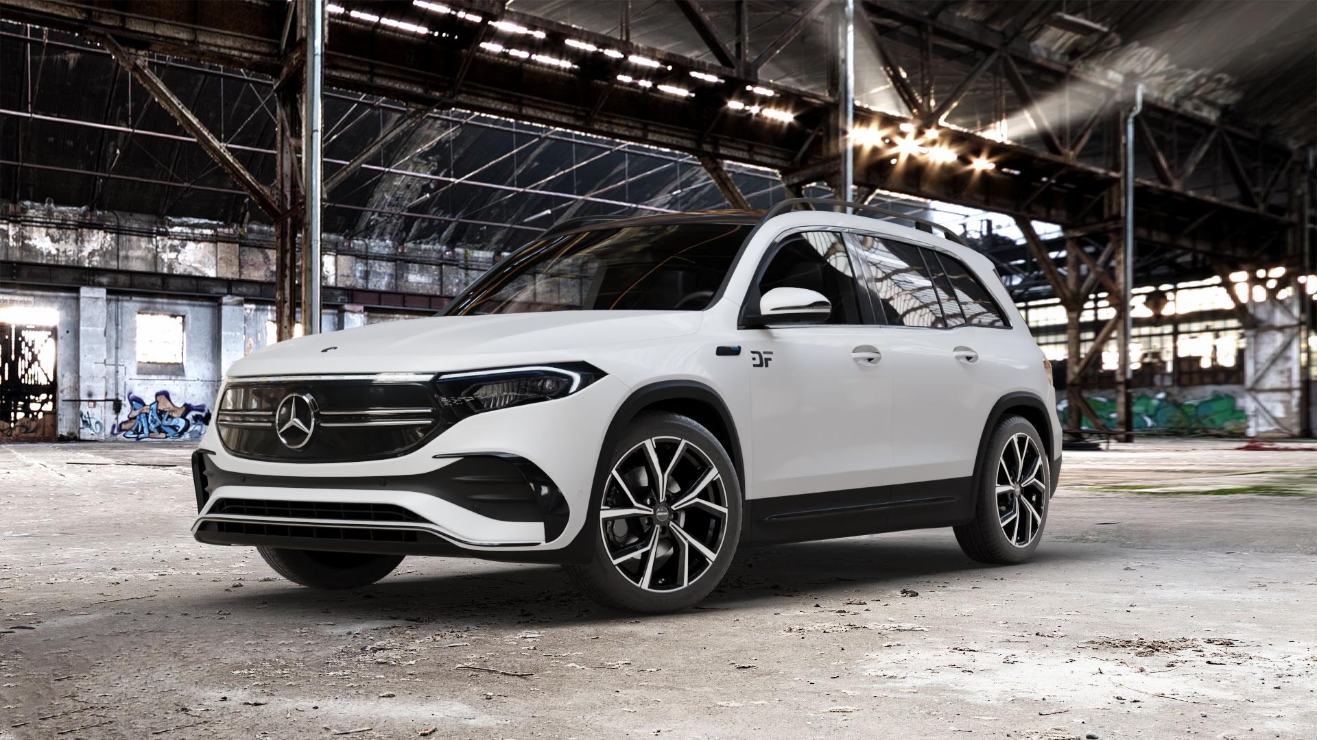 GMP Italia Mentor Black diamond Felge mit Reifen schwarz in 19Zoll Winterfelge Alufelge auf weissem Mercedes EQB Typ F2B ⬇️ mit 15mm Tieferlegung ⬇️ Old Industrial Hall_max_5300mm_2024 Frontansicht_1