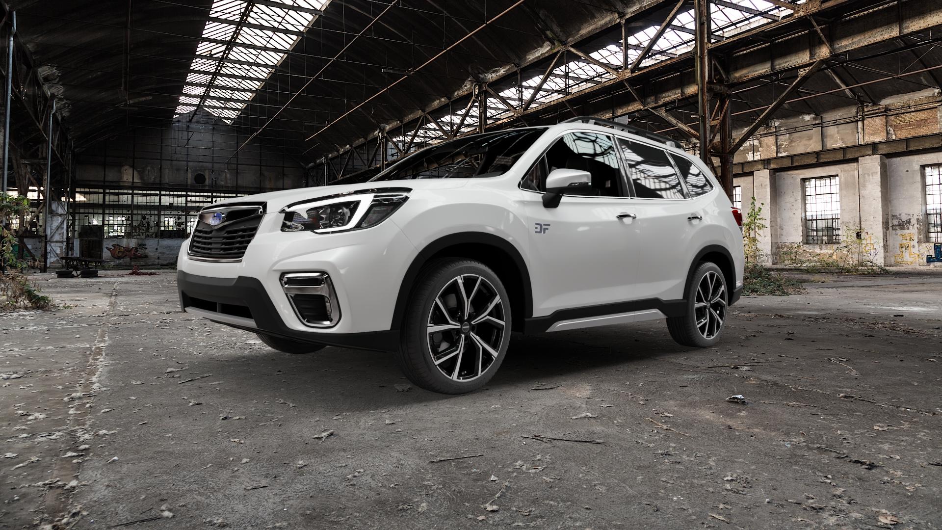 GMP Italia Mentor Black diamond Felge mit Reifen schwarz in 19Zoll Winterfelge Alufelge auf weissem Subaru Forester V Typ S5 ⬇️ mit 15mm Tieferlegung ⬇️ Old Industrial Hall_max5000mm_2022 Frontansicht_1