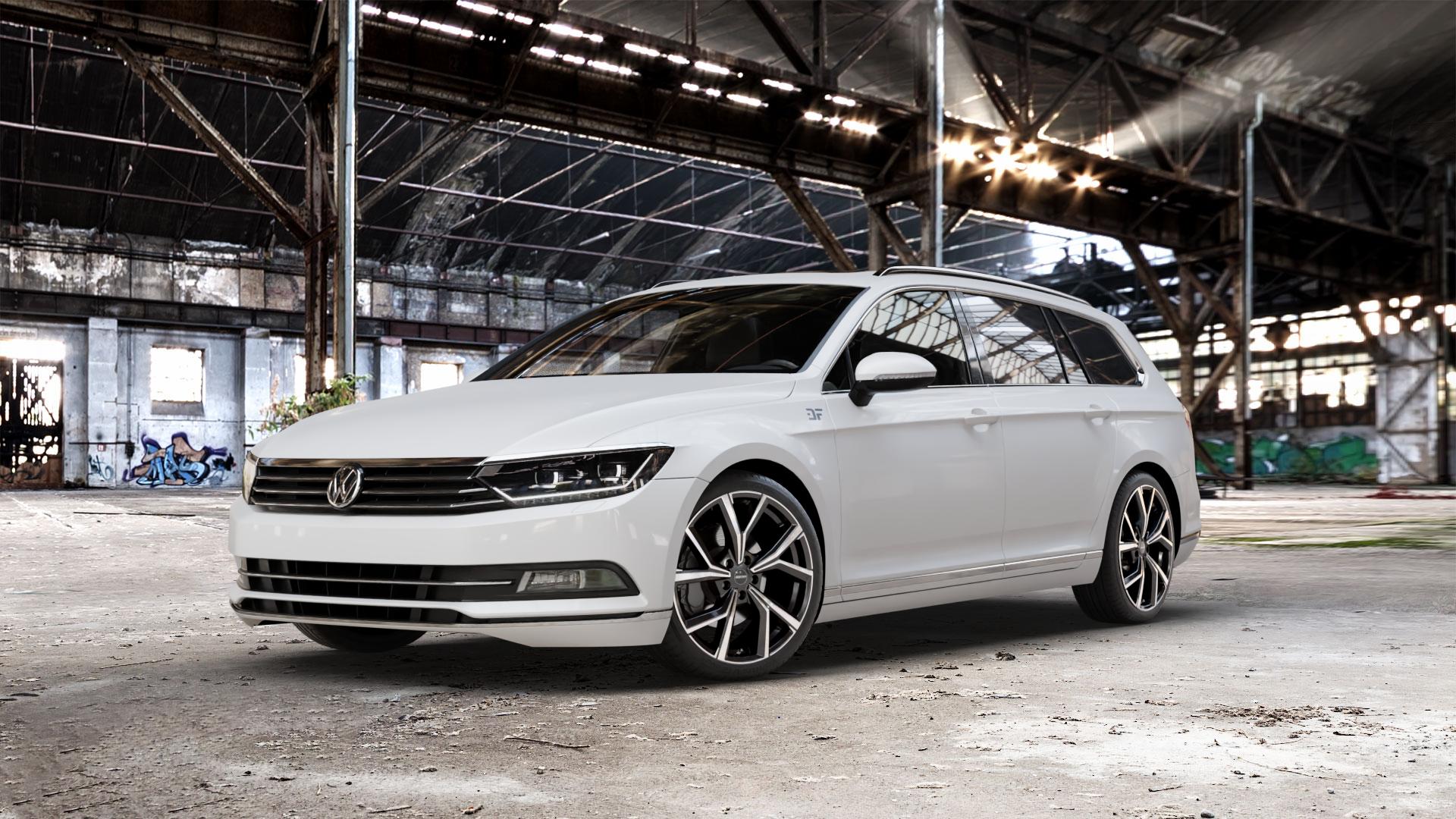 GMP Italia Mentor Black diamond Felge mit Reifen schwarz in 19Zoll Winterfelge Alufelge auf weissem Volkswagen (VW) Passat 3C/B8 Limousine Variant ⬇️ mit 15mm Tieferlegung ⬇️ Old Industrial Hall_max_5300mm_2024 Frontansicht_1