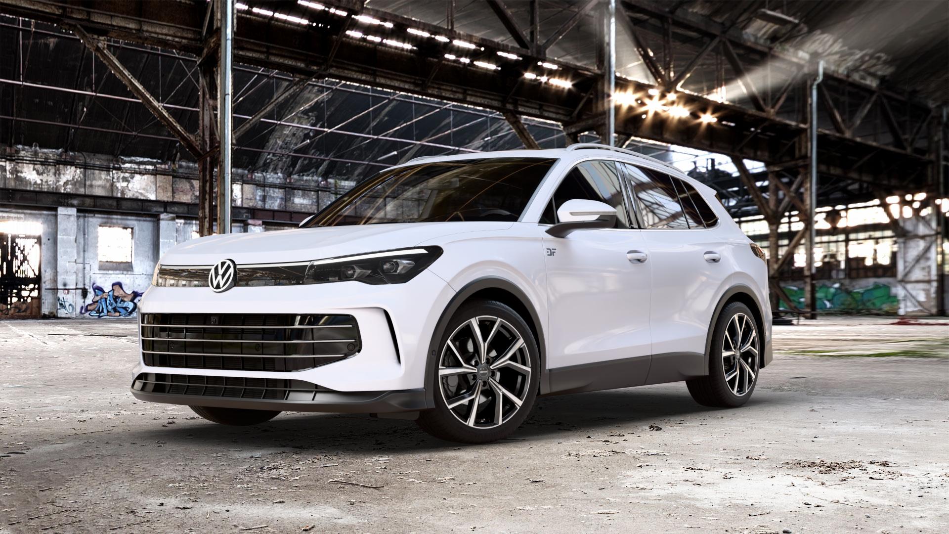 GMP Italia Mentor Black Diamond Felge mit Reifen schwarz in 19Zoll Winterfelge Alufelge auf weissem Volkswagen (VW) Tiguan III Typ CT ⬇️ mit 15mm Tieferlegung ⬇️ Old Industrial Hall_max_5300mm_2024 Frontansicht_1