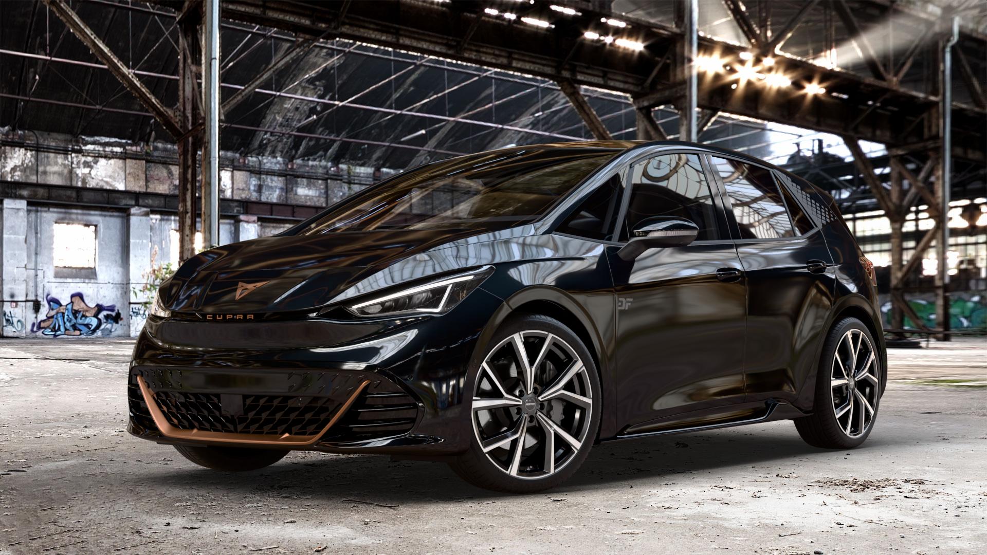 GMP Italia Mentor Black diamond Felge mit Reifen schwarz in 20Zoll Winterfelge Alufelge auf metallic schwarzem Cupra Born Typ K1 ⬇️ mit 15mm Tieferlegung ⬇️ Old Industrial Hall_max_4400mm_2024 Frontansicht_1