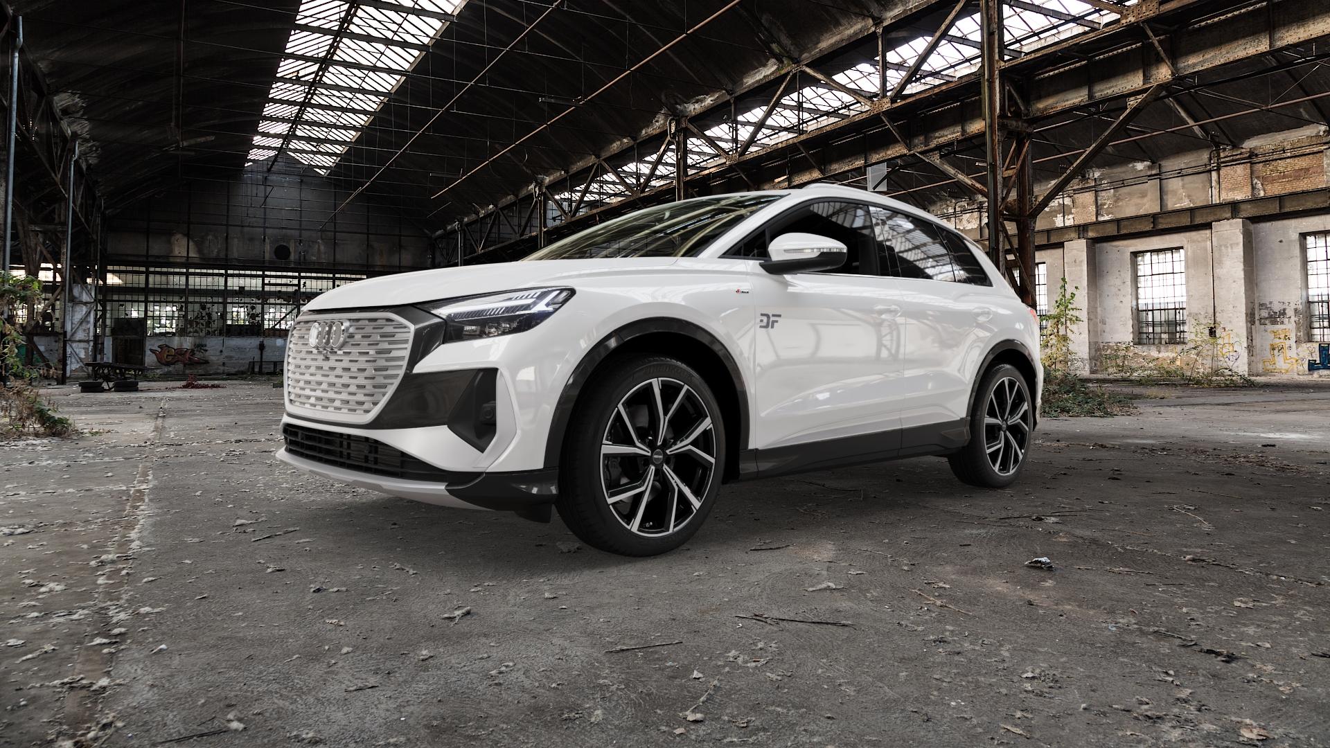 GMP Italia Mentor Black diamond Felge mit Reifen schwarz in 20Zoll Winterfelge Alufelge auf weissem Audi Q4 Typ FZ ⬇️ mit 15mm Tieferlegung ⬇️ Old Industrial Hall_max5000mm_2022 Frontansicht_1