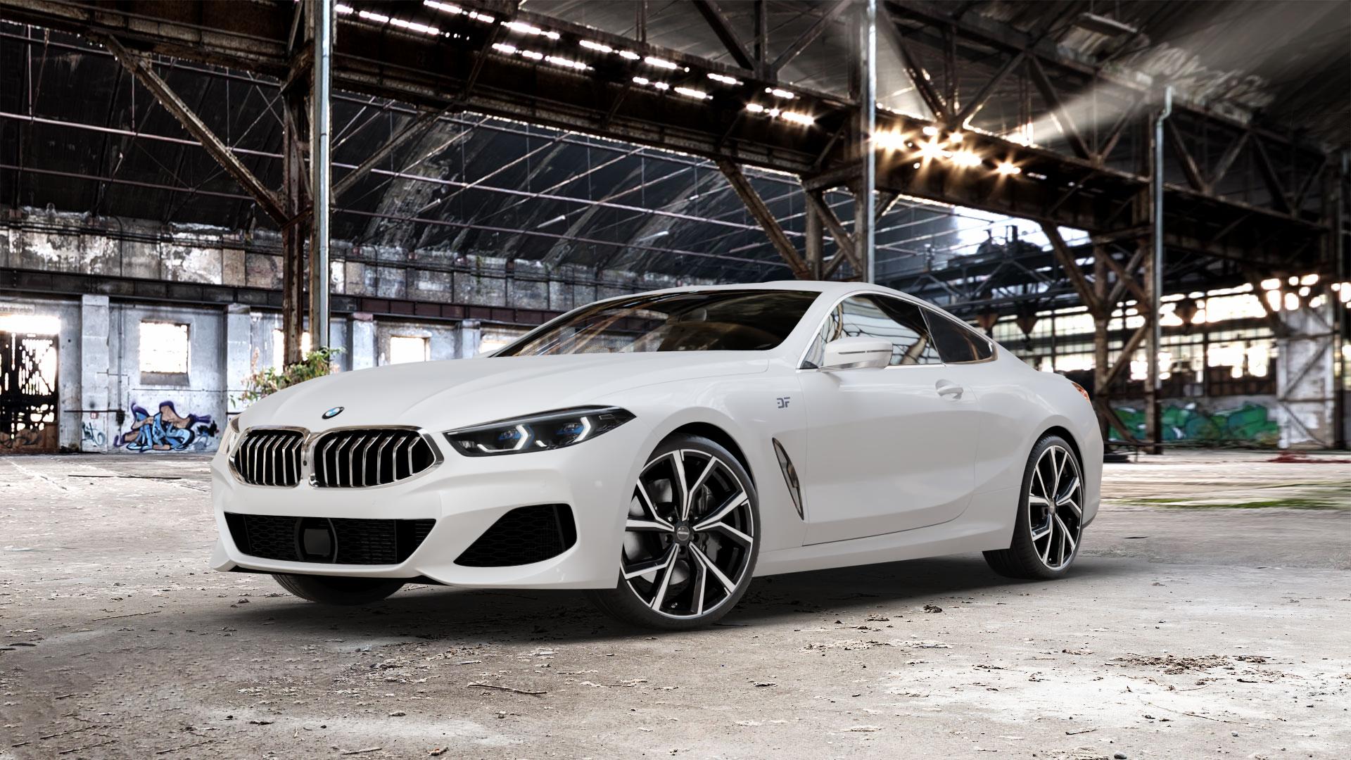 GMP Italia Mentor Black diamond Felge mit Reifen schwarz in 20Zoll Winterfelge Alufelge auf weissem BMW 840d xDrive Typ G15 M850i 840i M8 F8CM (Coupe) 8er Coupé (G8C) ⬇️ mit 15mm Tieferlegung ⬇️ Old Industrial Hall_max_5300mm_2024 Frontansicht_1