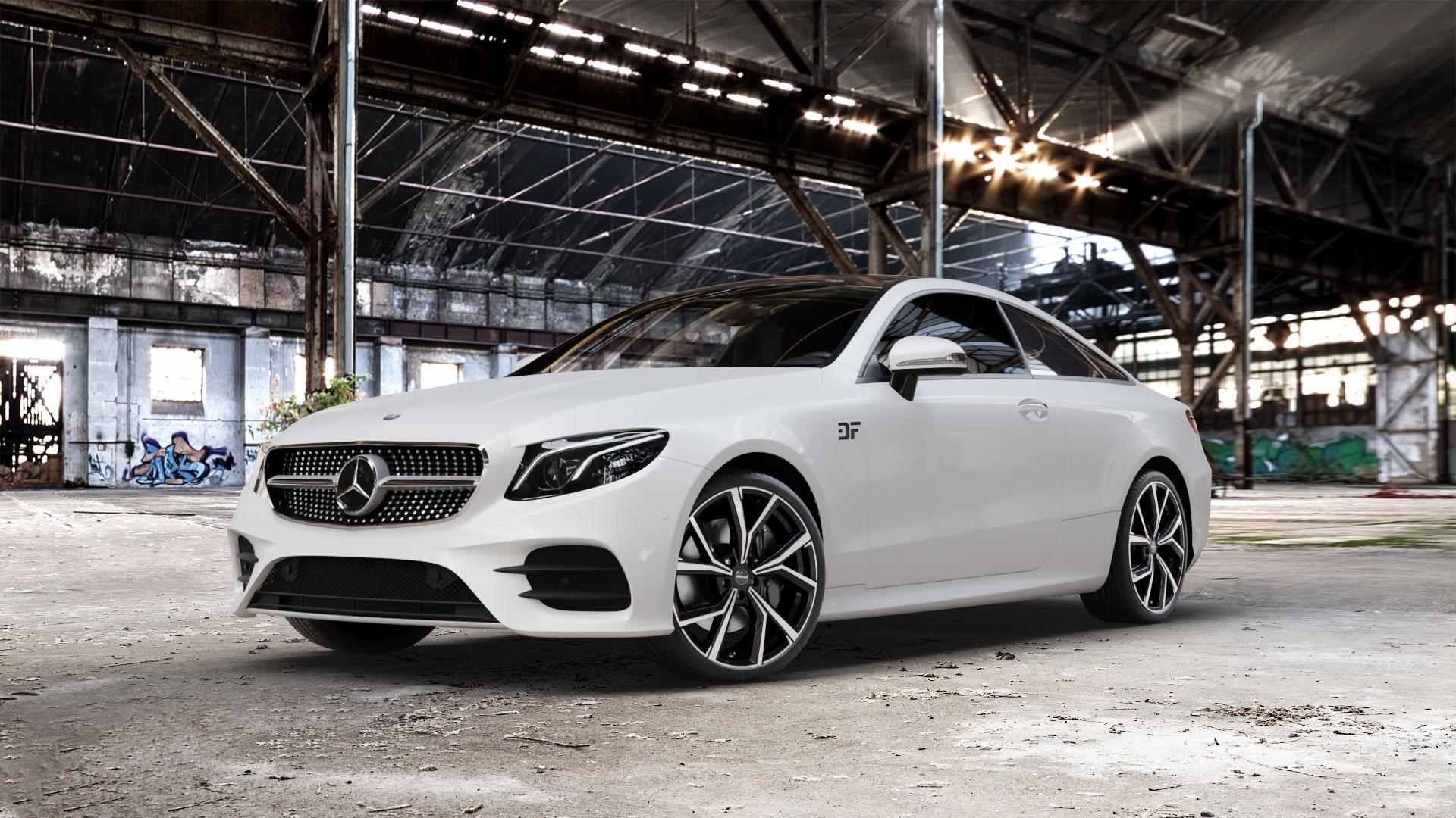GMP Italia Mentor Black diamond Felge mit Reifen schwarz in 20Zoll Winterfelge Alufelge auf weissem Mercedes E-Klasse Typ C238 Coupe (R1EC) ⬇️ mit 15mm Tieferlegung ⬇️ Old Industrial Hall_max_5300mm_2024 Frontansicht_1