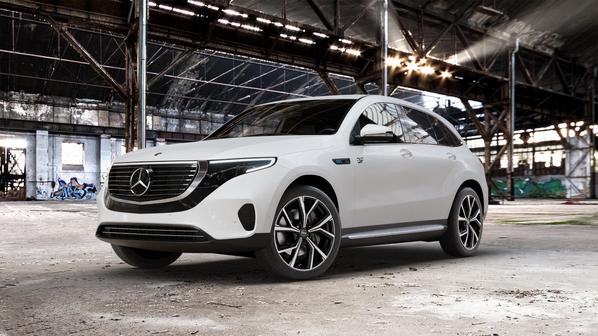 GMP Italia Mentor Black diamond Felge mit Reifen schwarz in 20Zoll Winterfelge Alufelge auf weissem Mercedes EQC Typ N 293 (204 X) ⬇️ mit 15mm Tieferlegung ⬇️ Old Industrial Hall_max_5300mm_2024 Frontansicht_1