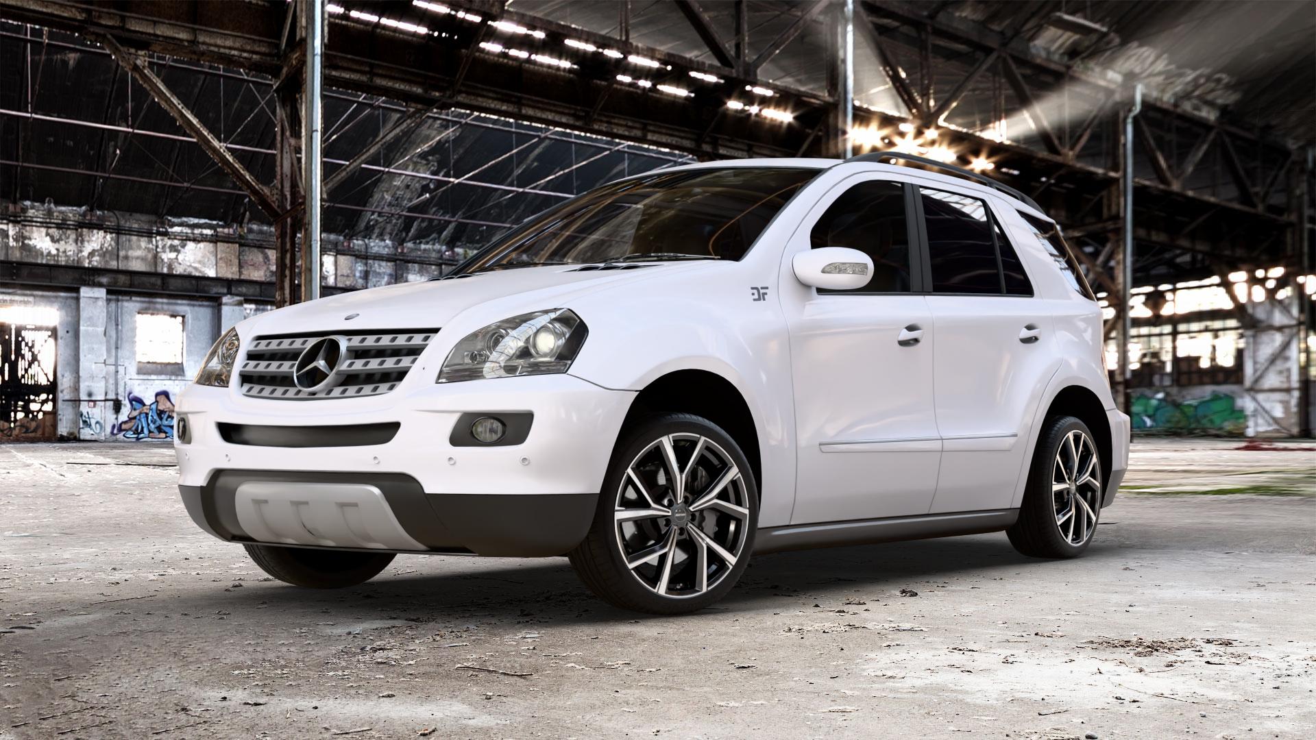 GMP Italia Mentor Black diamond Felge mit Reifen schwarz in 20Zoll Winterfelge Alufelge auf weissem Mercedes M-Klasse Typ W164 ⬇️ mit 15mm Tieferlegung ⬇️ Old Industrial Hall_max_5300mm_2024 Frontansicht_1
