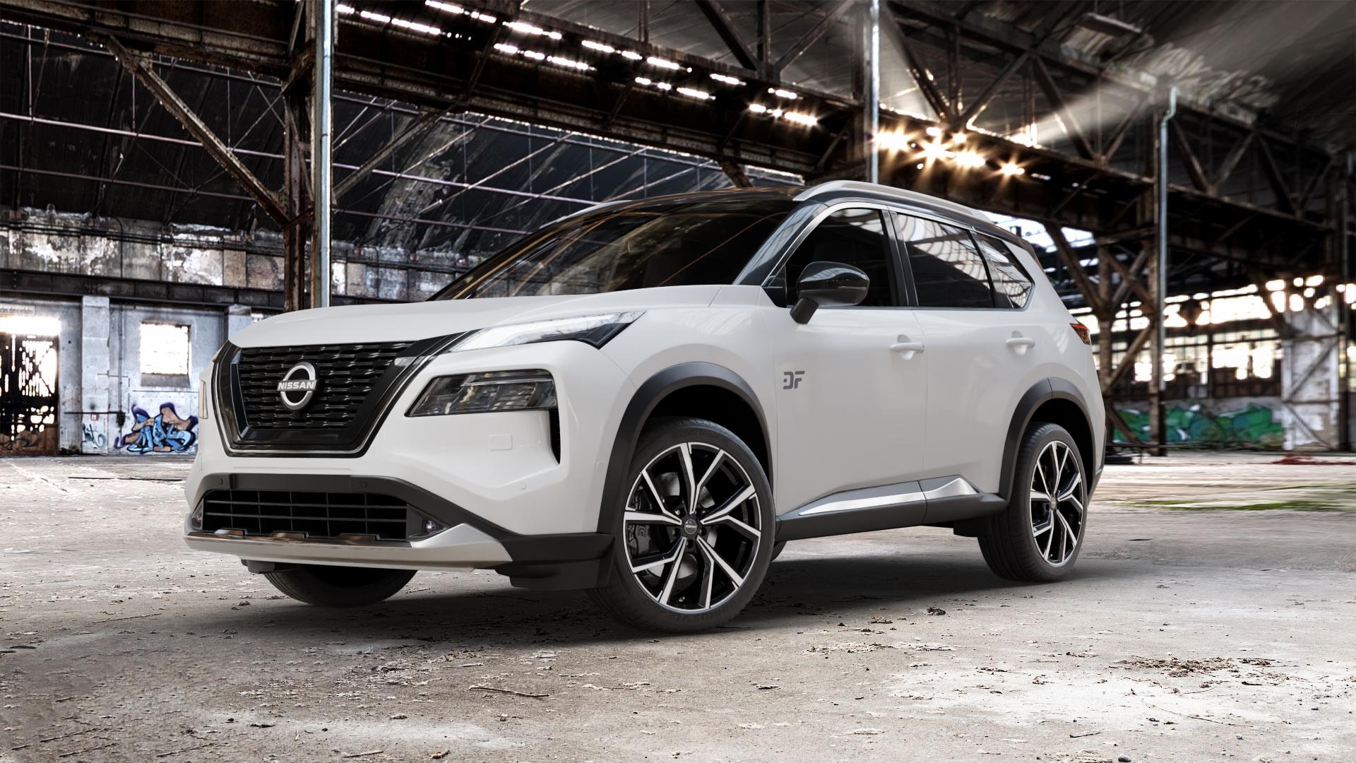 GMP Italia Mentor Black diamond Felge mit Reifen schwarz in 20Zoll Winterfelge Alufelge auf weissem Nissan X-Trail Typ T33 ⬇️ mit 15mm Tieferlegung ⬇️ Old Industrial Hall_max_5300mm_2024 Frontansicht_1