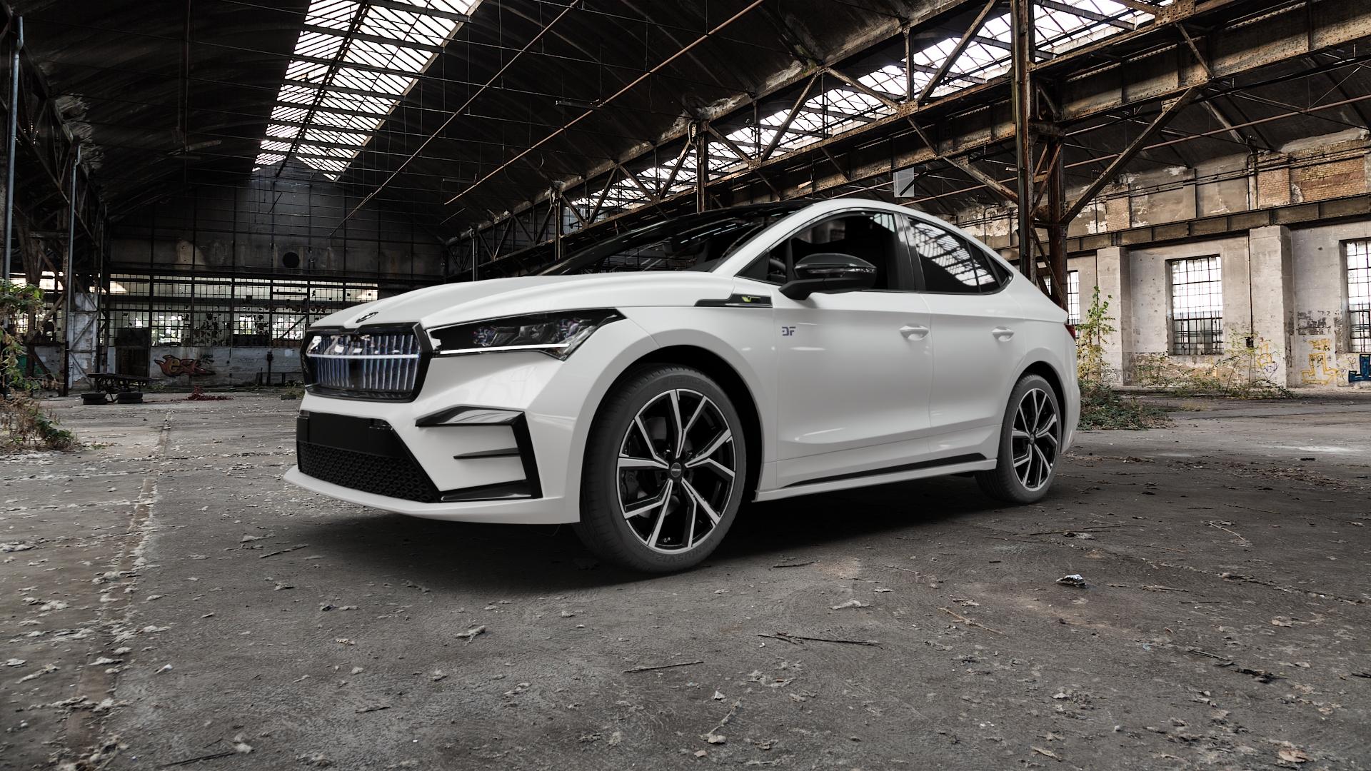 GMP Italia Mentor Black diamond Felge mit Reifen schwarz in 20Zoll Winterfelge Alufelge auf weissem Skoda Enyaq Coupe iV Typ NY 0,0l 89kW 85 Coupé (121 PS) 77kW 85X (105 RS ⬇️ mit 15mm Tieferlegung ⬇️ Old Industrial Hall_max5000mm_2022 Frontansicht_1