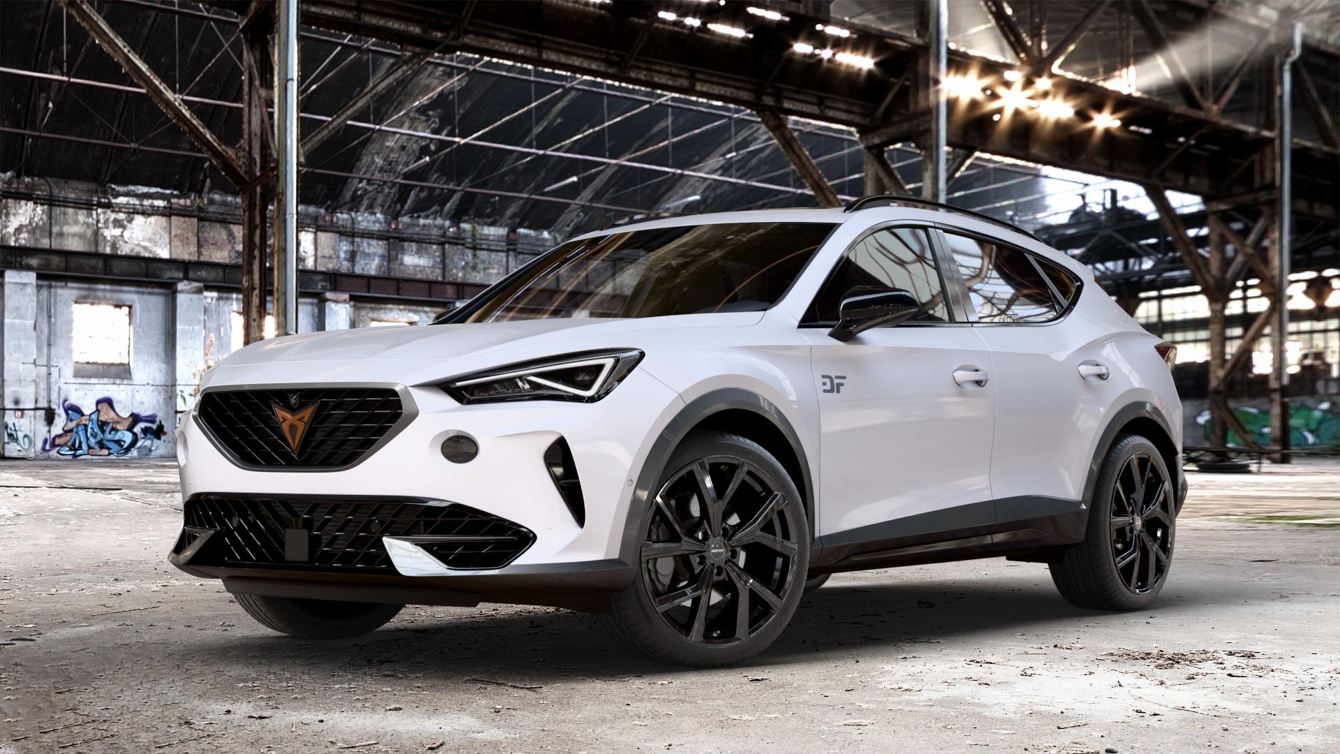 GMP Italia Mentor Black glossy Felge mit Reifen schwarz in 19Zoll Winterfelge Alufelge auf weissem Cupra Formentor Typ KM ⬇️ mit 15mm Tieferlegung ⬇️ Old Industrial Hall_max_4400mm_2024 Frontansicht_1