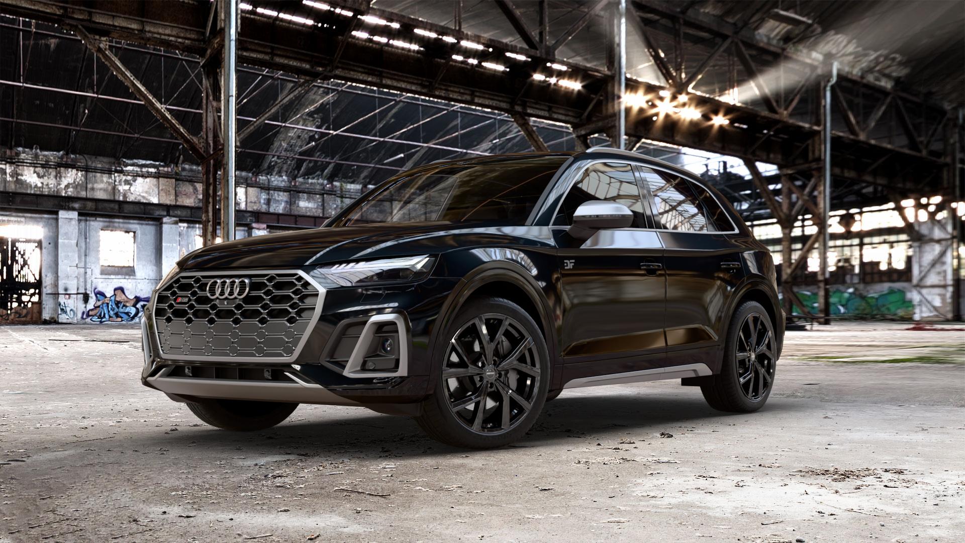GMP Italia Mentor Black glossy Felge mit Reifen schwarz in 20Zoll Winterfelge Alufelge auf metallic schwarzem Audi Q5 II Typ FY Facelift 3,0l SQ5 TDI quattro 251kW Mild-Hybrid (341 PS) ⬇️ mit 15mm Tieferlegung ⬇️ Old Industrial Hall_max_5300mm_2024 Frontansicht_1