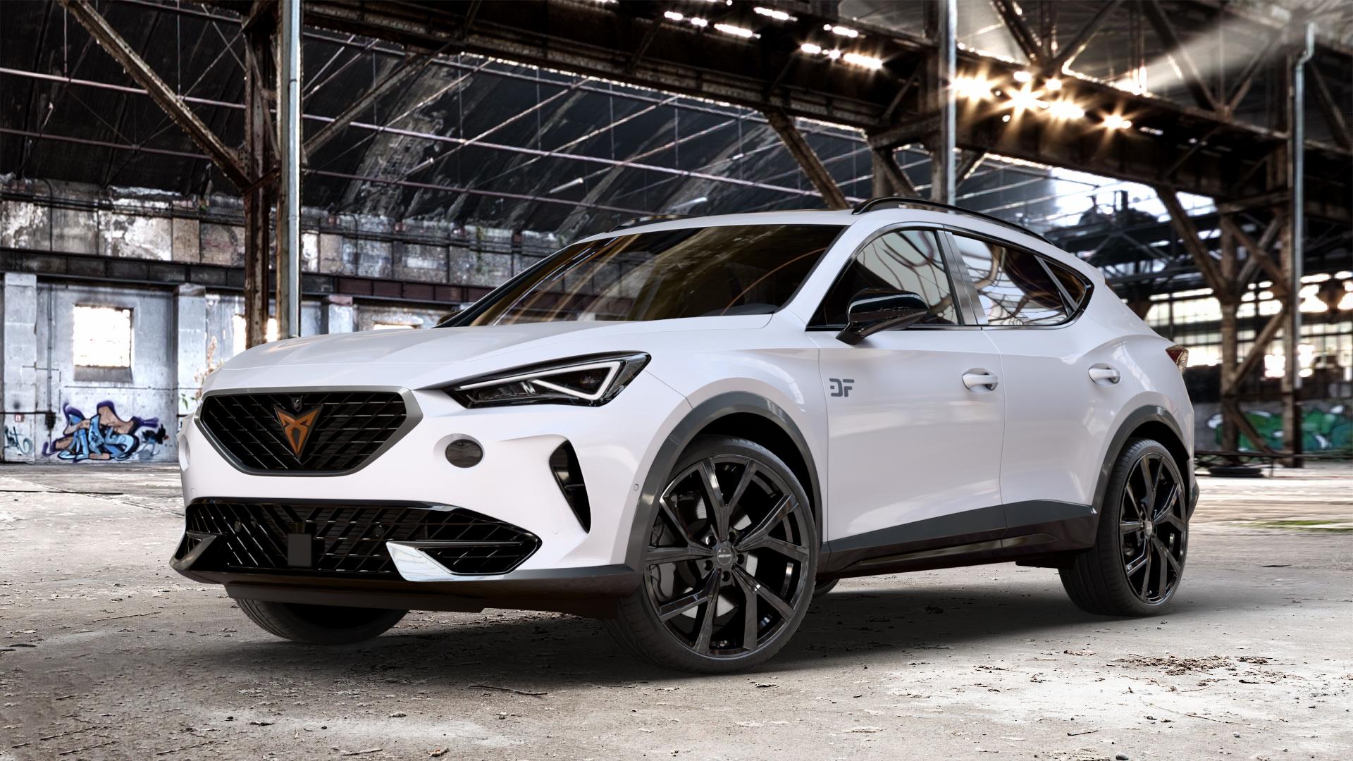 GMP Italia Mentor Black glossy Felge mit Reifen schwarz in 20Zoll Winterfelge Alufelge auf weissem Cupra Formentor Typ KM ⬇️ mit 15mm Tieferlegung ⬇️ Old Industrial Hall_max_4400mm_2024 Frontansicht_1