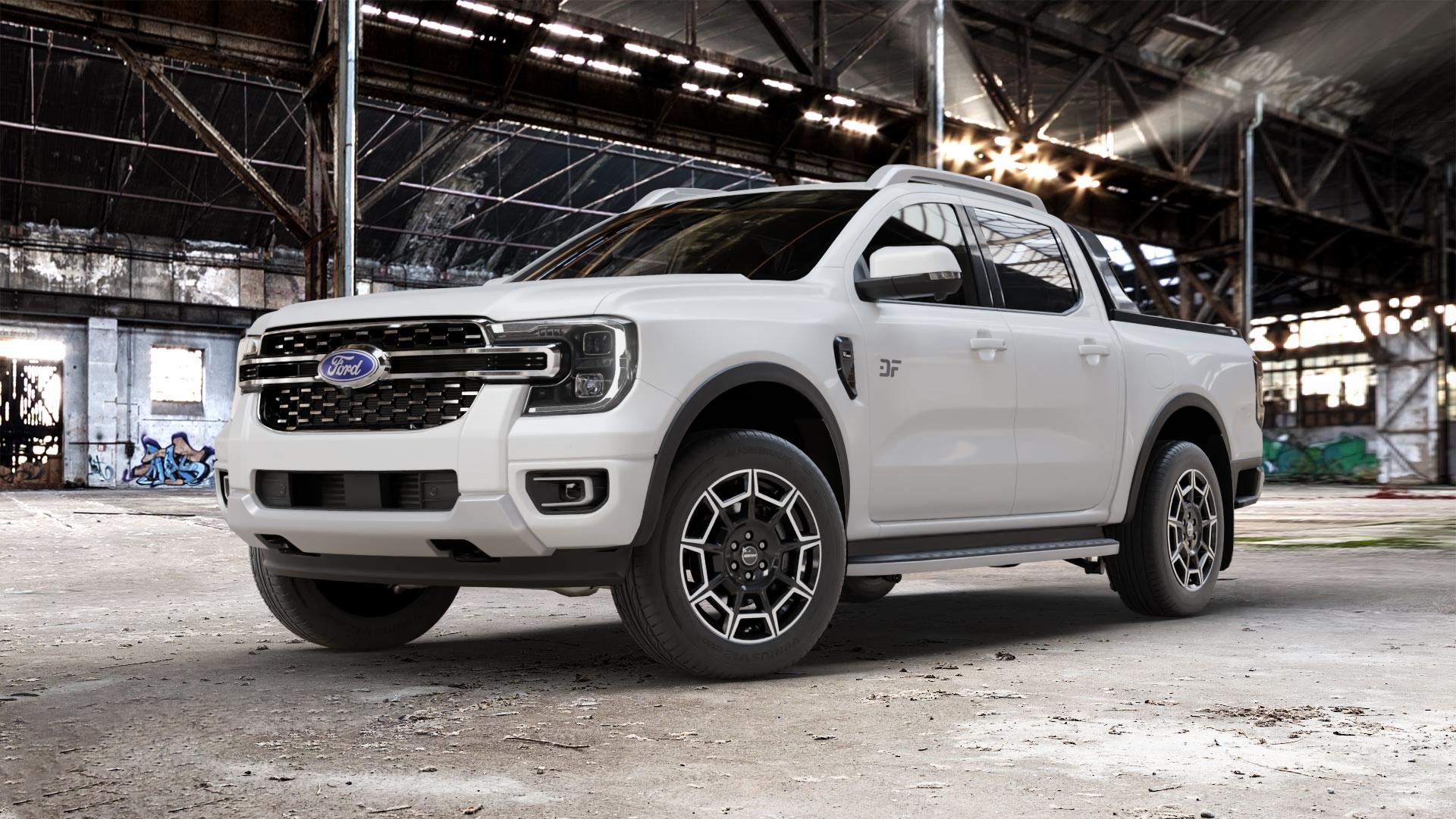 GMP Italia Pervan Black Diamond Felge mit Reifen silber schwarz in 19Zoll Winterfelge Alufelge auf weissem Ford Ranger VII Typ 2AB ⬇️ mit 15mm Tieferlegung ⬇️ Old Industrial Hall_max_5300mm_2024 Frontansicht_1