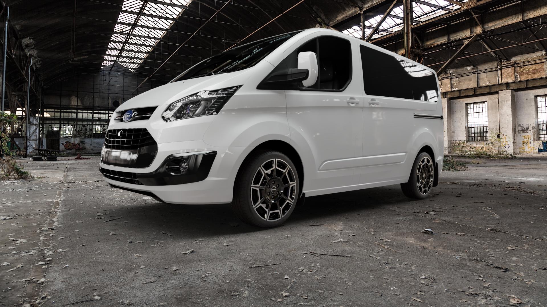GMP Italia Pervan Black Diamond Felge mit Reifen silber schwarz in 19Zoll Winterfelge Alufelge auf weissem Ford Tourneo Custom Typ FAC (12->) ⬇️ mit 15mm Tieferlegung ⬇️ Old Industrial Hall_max5000mm_2022 Frontansicht_1