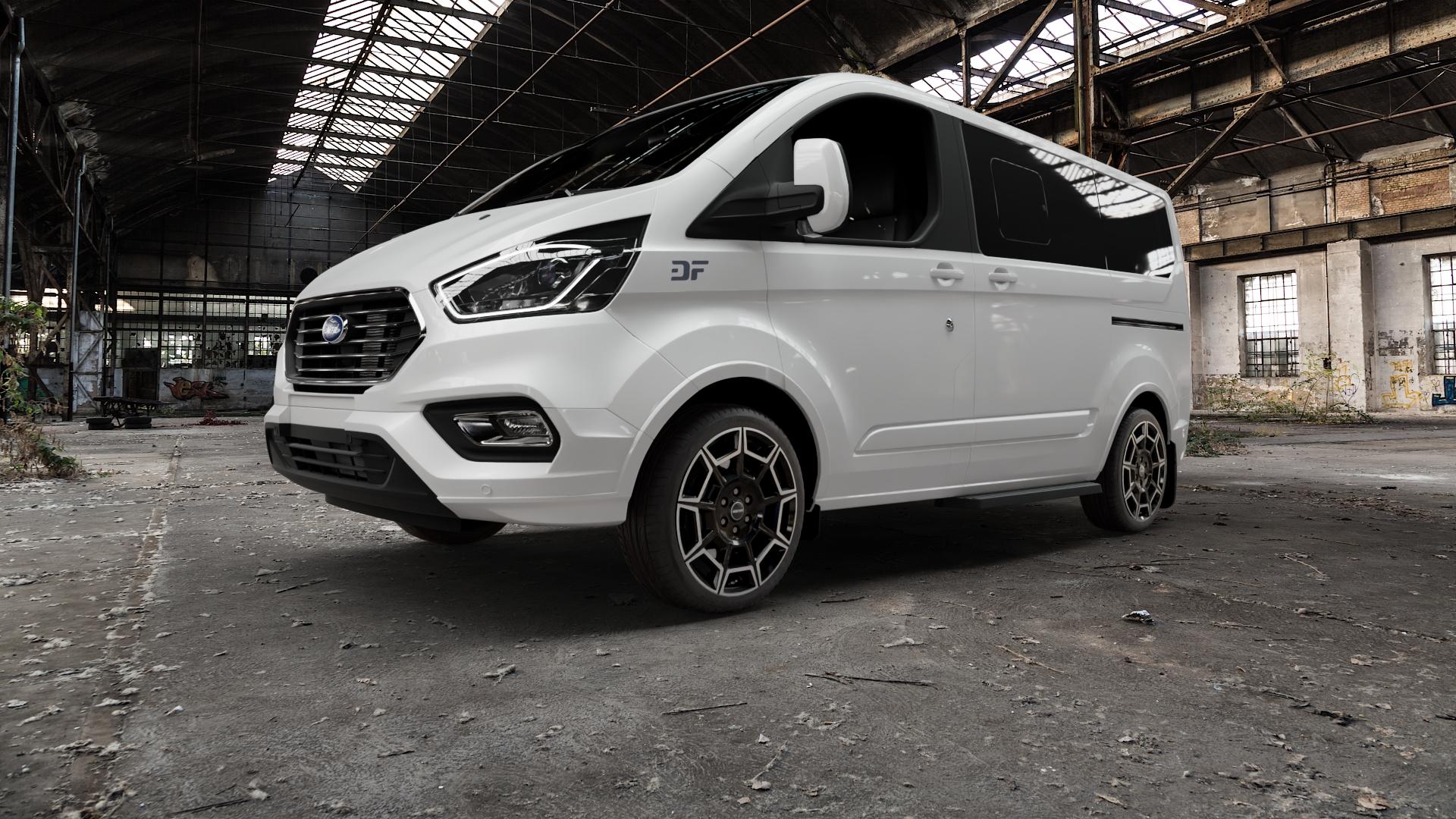 GMP Italia Pervan Black Diamond Felge mit Reifen silber schwarz in 19Zoll Winterfelge Alufelge auf weissem Ford Tourneo Custom Typ FAC Facelift (19->) ⬇️ mit 15mm Tieferlegung ⬇️ Old Industrial Hall_max5000mm_2022 Frontansicht_1