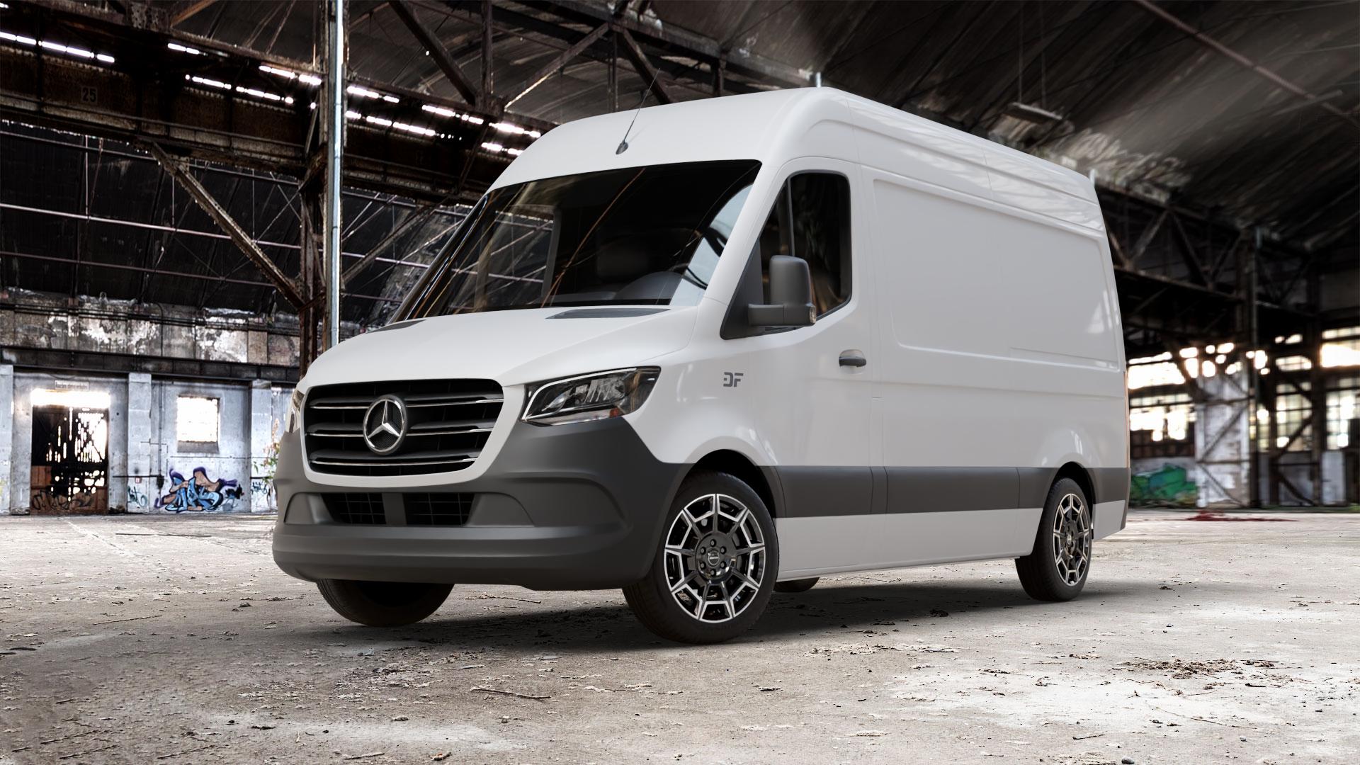 GMP Italia Pervan Black Diamond Felge mit Reifen silber schwarz in 19Zoll Winterfelge Alufelge auf weissem Mercedes Sprinter III Typ KL3A4 KL3A5 906BB FL KL 906BA 906AC ⬇️ mit 15mm Tieferlegung ⬇️ Old Industrial Hall_max_7000mm_2024 Frontansicht_1