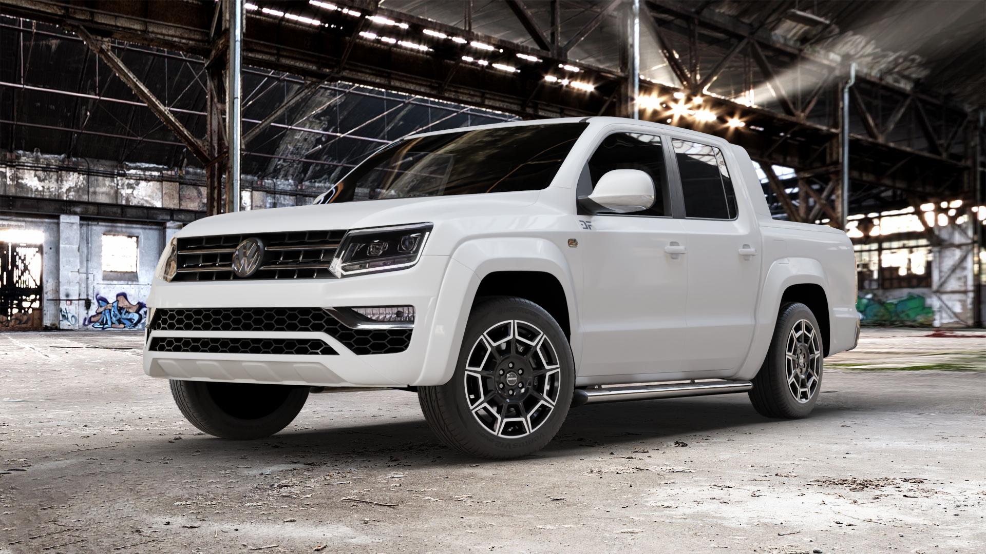 GMP Italia Pervan Black Diamond Felge mit Reifen silber schwarz in 19Zoll Winterfelge Alufelge auf weissem Volkswagen (VW) Amarok I Typ 2H Facelift ⬇️ mit 15mm Tieferlegung ⬇️ Old Industrial Hall_max_5300mm_2024 Frontansicht_1