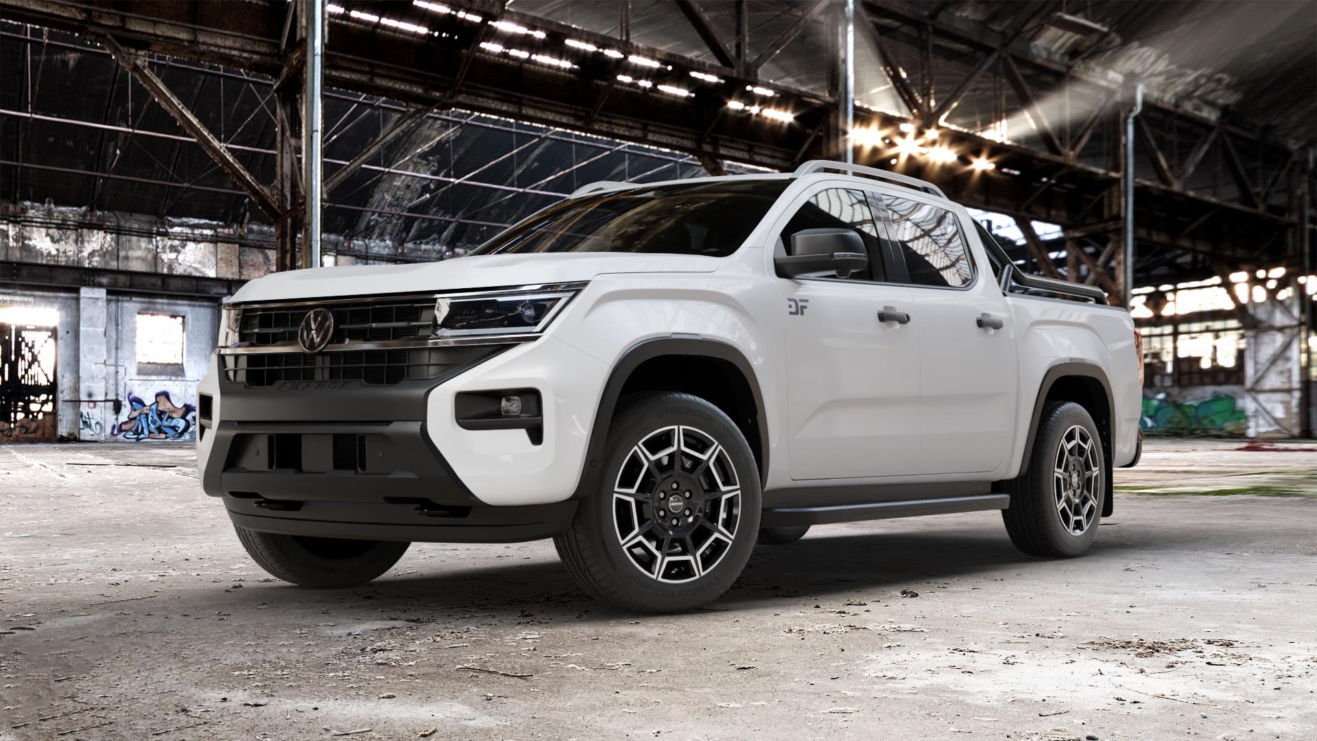 GMP Italia Pervan Black Diamond Felge mit Reifen silber schwarz in 19Zoll Winterfelge Alufelge auf weissem Volkswagen (VW) Amarok II Typ T1 ⬇️ mit 15mm Tieferlegung ⬇️ Old Industrial Hall_max_5300mm_2024 Frontansicht_1