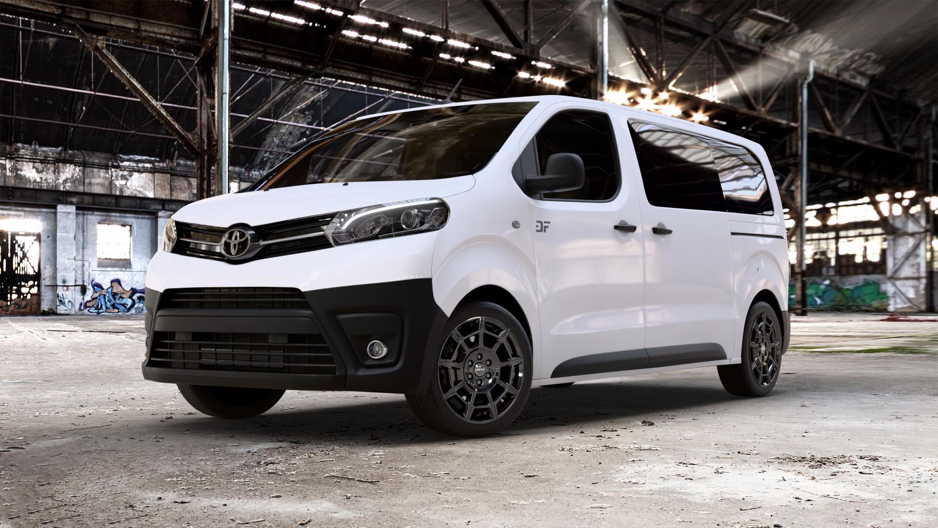 GMP Italia Pervan Black glossy Felge mit Reifen schwarz in 18Zoll Winterfelge Alufelge auf weissem Toyota Proace II Verso Typ V ⬇️ mit 15mm Tieferlegung ⬇️ Old Industrial Hall_max_5300mm_2024 Frontansicht_1
