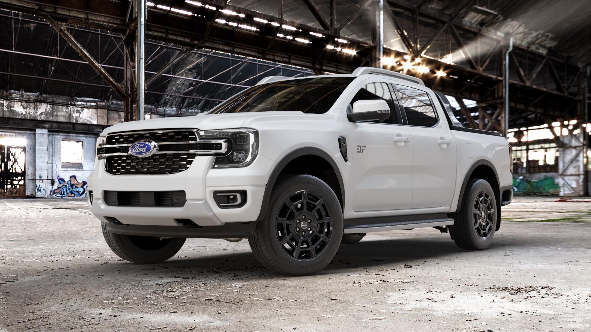 GMP Italia Pervan Black glossy Felge mit Reifen schwarz in 19Zoll Winterfelge Alufelge auf weissem Ford Ranger VII Typ 2AB ⬇️ mit 15mm Tieferlegung ⬇️ Old Industrial Hall_max_5300mm_2024 Frontansicht_1