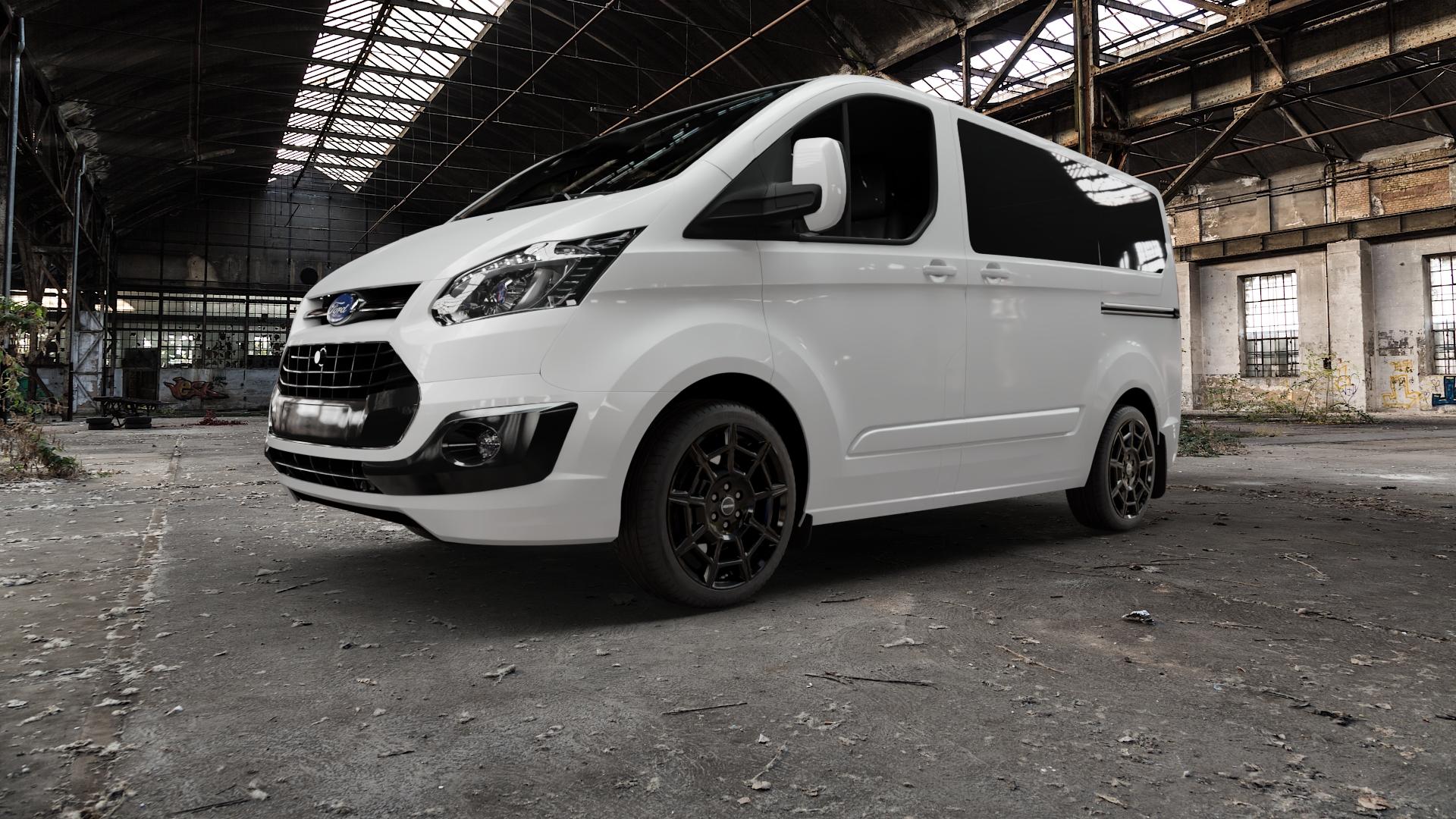 GMP Italia Pervan Black glossy Felge mit Reifen schwarz in 19Zoll Winterfelge Alufelge auf weissem Ford Tourneo Custom Typ FAC (12->) ⬇️ mit 15mm Tieferlegung ⬇️ Old Industrial Hall_max5000mm_2022 Frontansicht_1