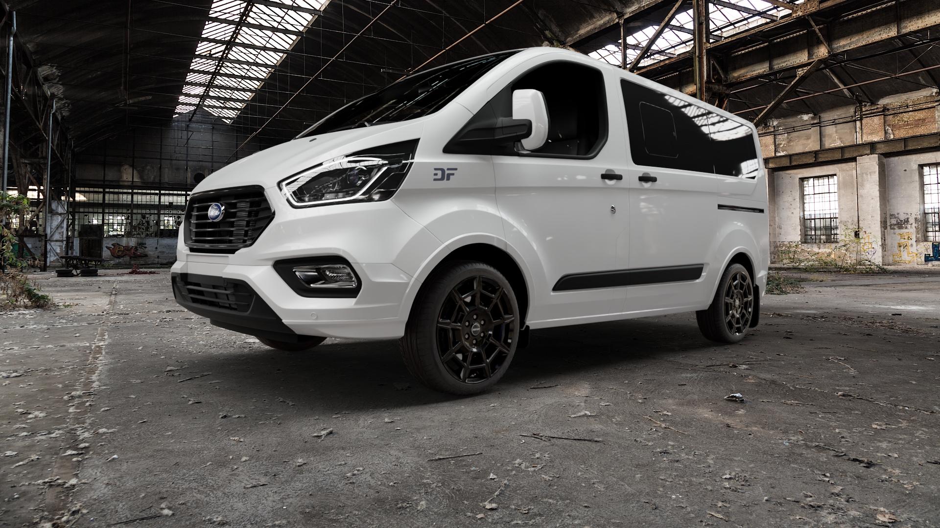 GMP Italia Pervan Black glossy Felge mit Reifen schwarz in 19Zoll Winterfelge Alufelge auf weissem Ford Transit Custom Typ FAC (19->) ⬇️ mit 15mm Tieferlegung ⬇️ Old Industrial Hall_max5000mm_2022 Frontansicht_1