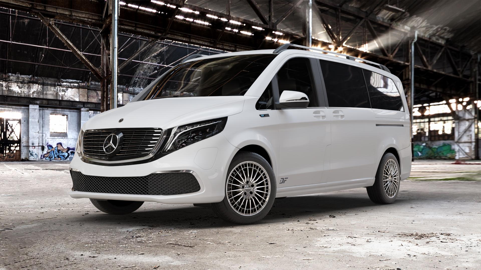 GMP Italia QSTAR Anthr. diamond Felge mit Reifen grau anthrazit in 18Zoll Winterfelge Alufelge auf weissem Mercedes EQV Typ 639/2 ⬇️ mit 15mm Tieferlegung ⬇️ Old Industrial Hall_max_5300mm_2024 Frontansicht_1