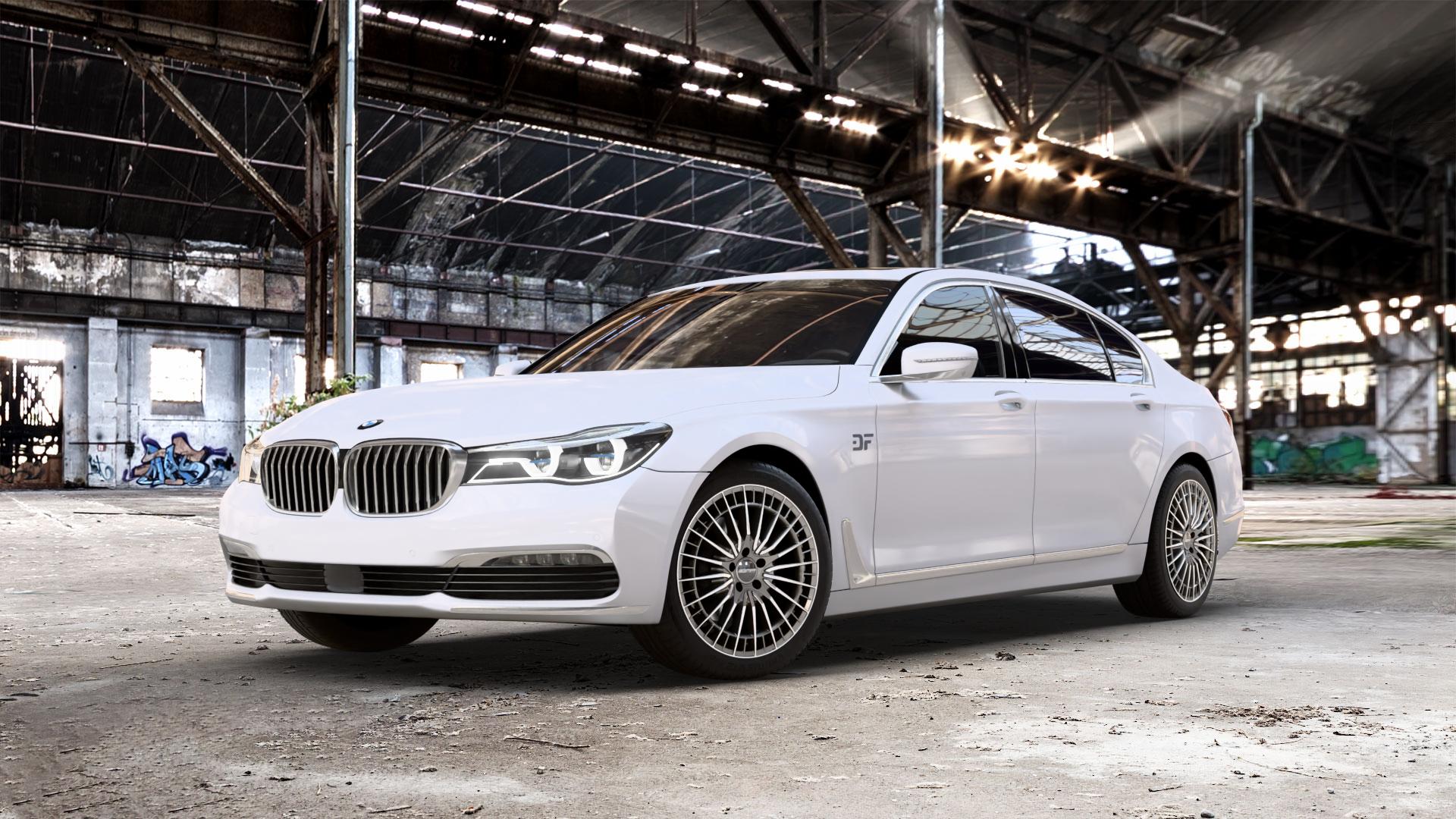 GMP Italia QSTAR Anthr. diamond Felge mit Reifen grau anthrazit in 19Zoll Winterfelge Alufelge auf weissem BMW 740Li Typ G12 750Li xDrive 730Ld 740Ld 740Le 730Li 750Ld 7er Limousine lang (7L) ⬇️ mit 15mm Tieferlegung ⬇️ Old Industrial Hall_max_5300mm_2024 Frontansicht_1