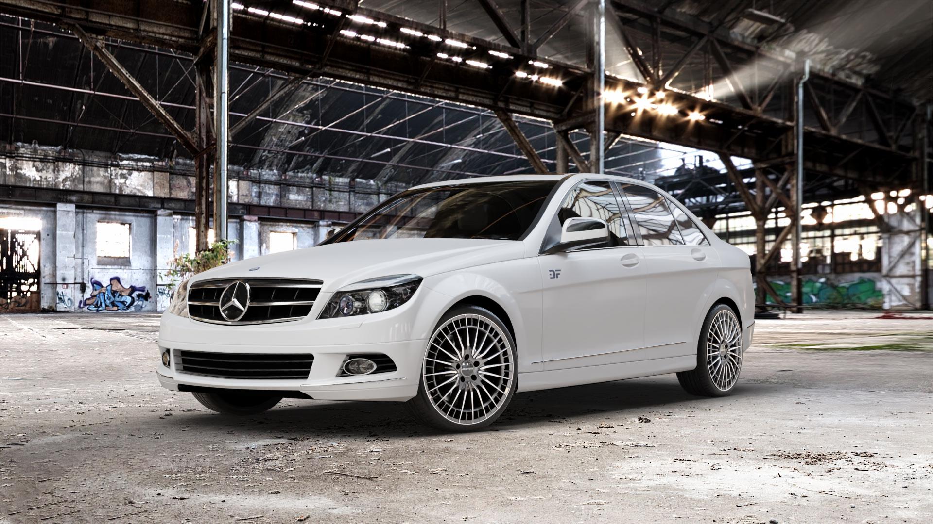 GMP Italia QSTAR Anthr. diamond Felge mit Reifen grau anthrazit in 19Zoll Winterfelge Alufelge auf weissem Mercedes C-Klasse Typ W204 Limousine ⬇️ mit 15mm Tieferlegung ⬇️ Old Industrial Hall_max_5300mm_2024 Frontansicht_1