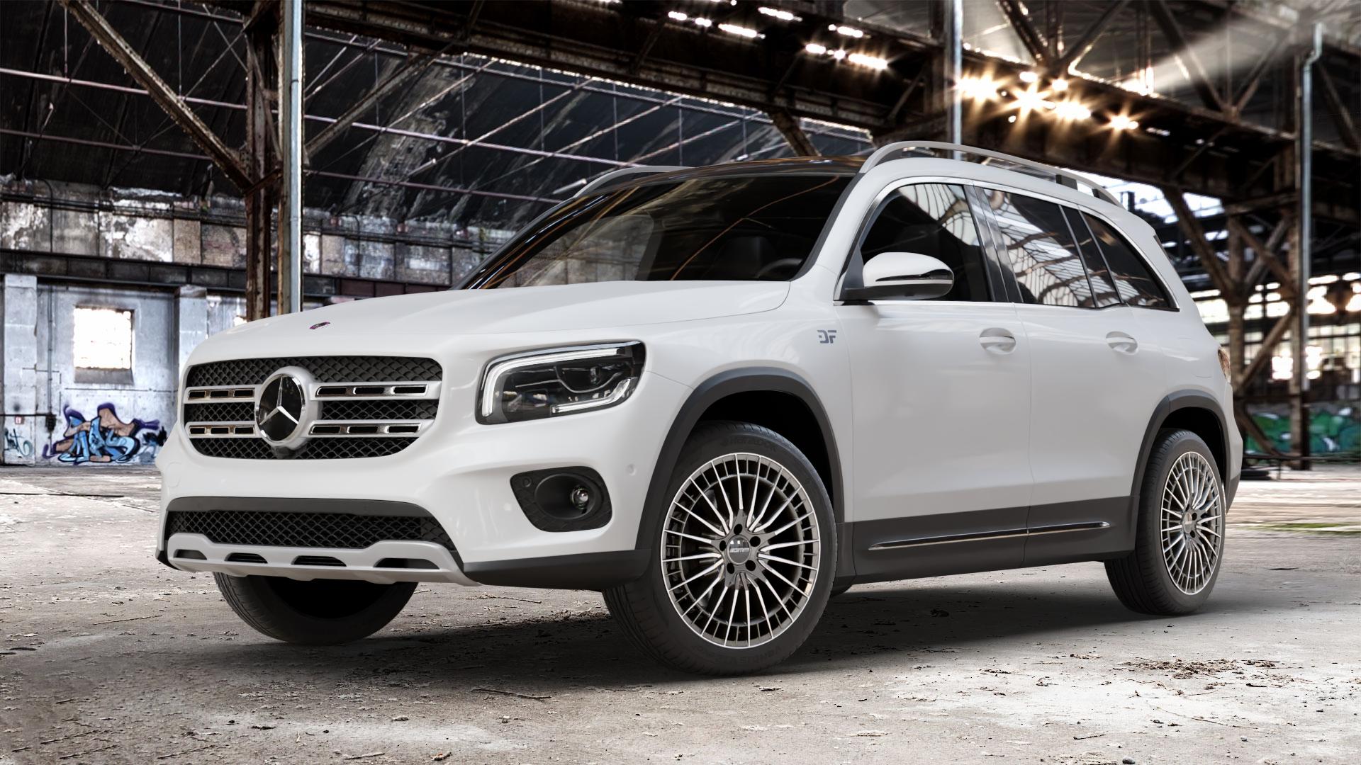 GMP Italia QSTAR Anthr. diamond Felge mit Reifen grau anthrazit in 19Zoll Winterfelge Alufelge auf weissem Mercedes GLB-Klasse Typ F2B ⬇️ mit 15mm Tieferlegung ⬇️ Old Industrial Hall_max_4400mm_2024 Frontansicht_1