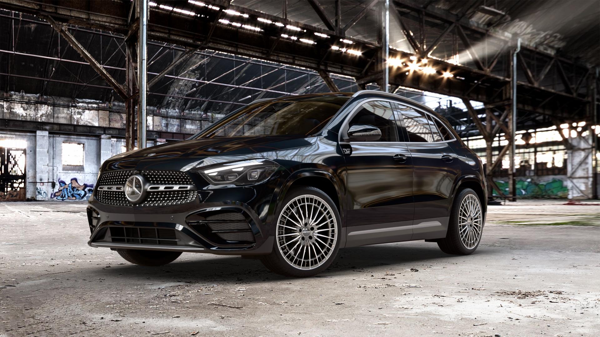 GMP Italia QSTAR Anthr. diamond Felge mit Reifen grau anthrazit in 20Zoll Winterfelge Alufelge auf schwarzem metallic Mercedes GLA-Klasse Typ F2B Facelift ⬇️ mit 15mm Tieferlegung ⬇️ Old Industrial Hall_max_5300mm_2024 Frontansicht_1