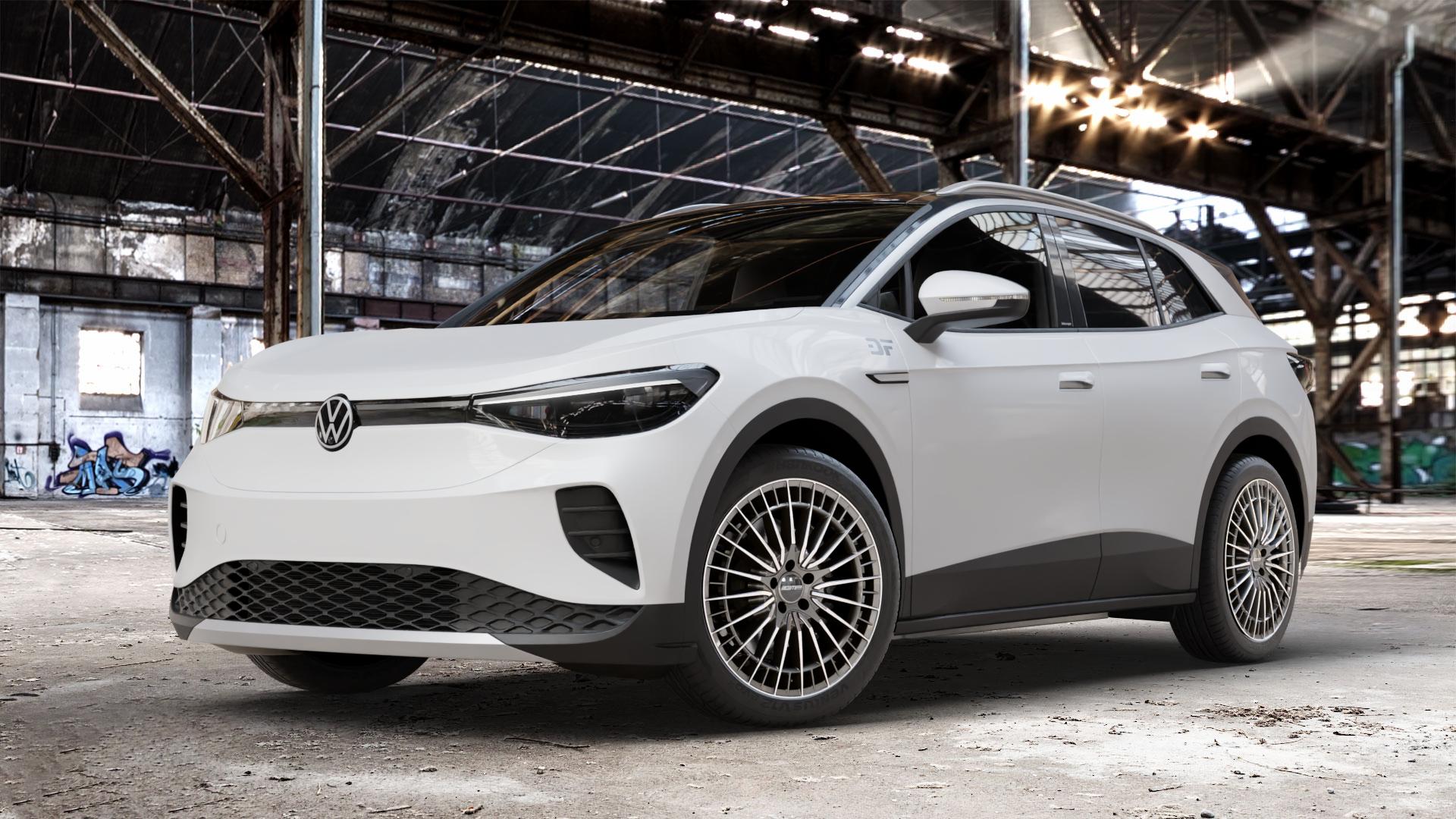 GMP Italia QSTAR Anthr. diamond Felge mit Reifen grau anthrazit in 20Zoll Winterfelge Alufelge auf weissem Volkswagen (VW) ID.4 0,0l 70kW PRO (150kW) (95 PS) Pure (109kW) (125kW) (128kW) 77kW 4Motion (195kW) (105 ⬇️ mit 15mm Tieferlegung ⬇️ Old Industrial Hall_max_4400mm_2024 Frontansicht_1