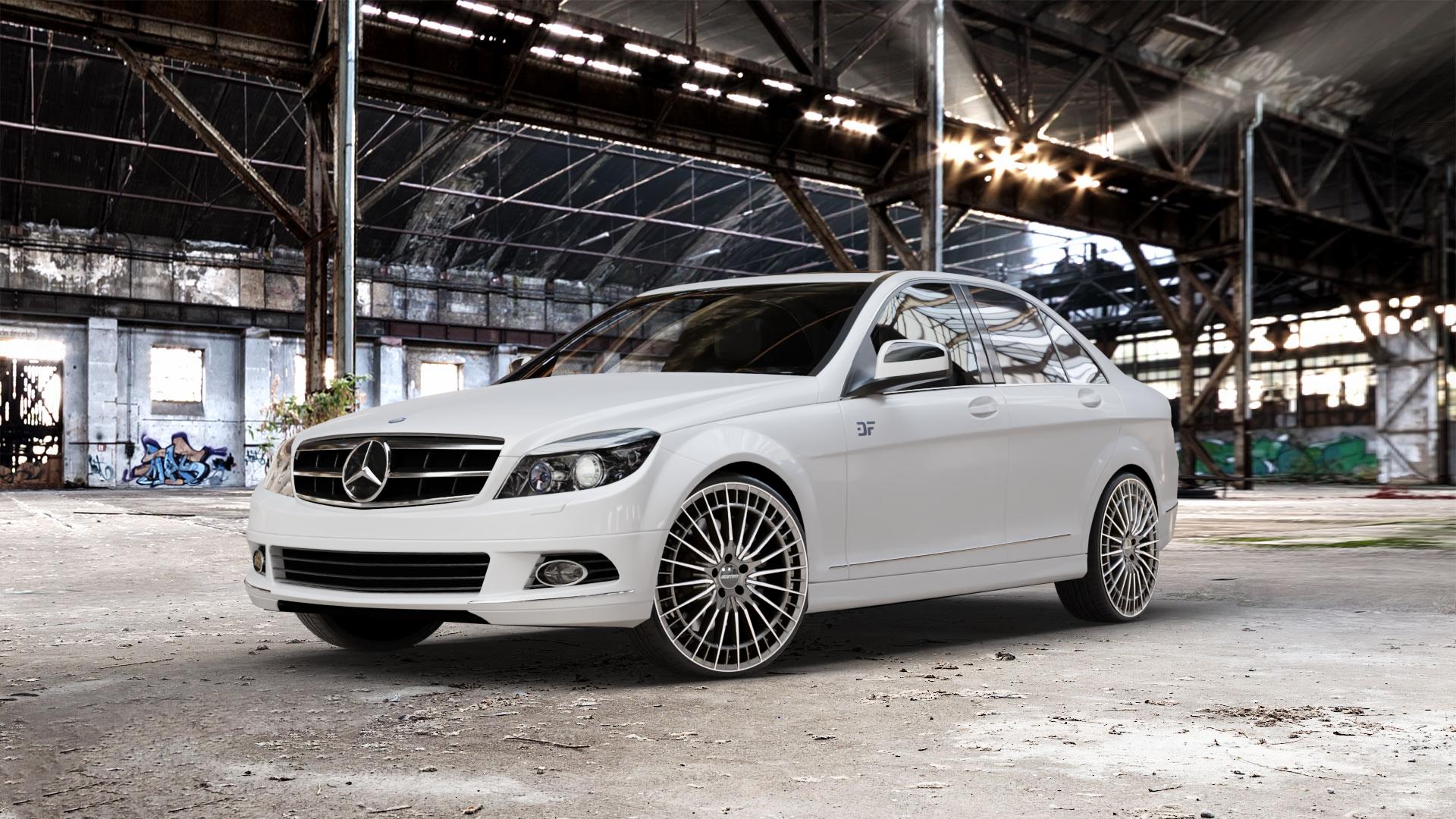 GMP Italia QSTAR Anthr. diamond Felge mit Reifen grau anthrazit in 21Zoll Winterfelge Alufelge auf weissem Mercedes C-Klasse Typ W204 Limousine ⬇️ mit 15mm Tieferlegung ⬇️ Old Industrial Hall_max_5300mm_2024 Frontansicht_1