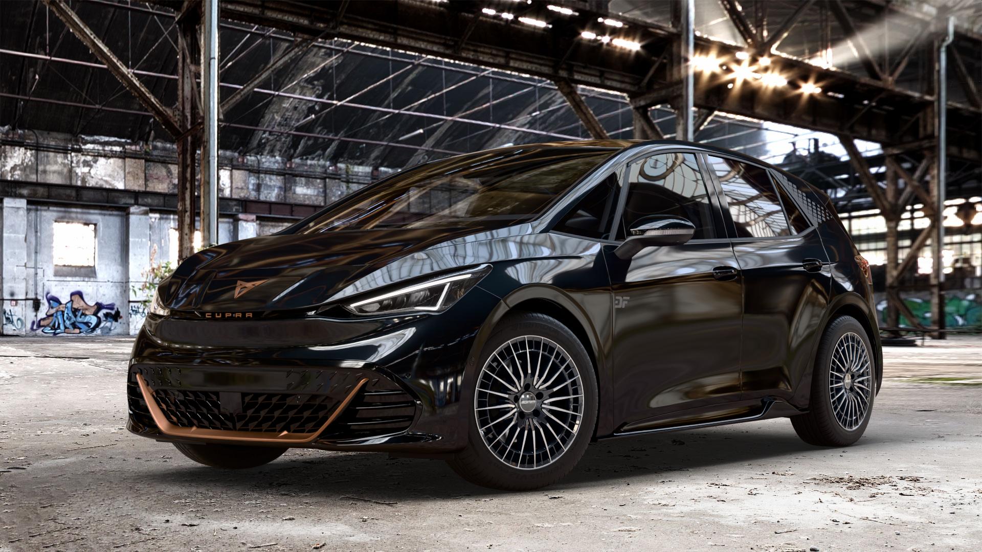 GMP Italia QSTAR Black Diamond Felge mit Reifen schwarz in 18Zoll Winterfelge Alufelge auf metallic schwarzem Cupra Born Typ K1 ⬇️ mit 15mm Tieferlegung ⬇️ Old Industrial Hall_max_4400mm_2024 Frontansicht_1