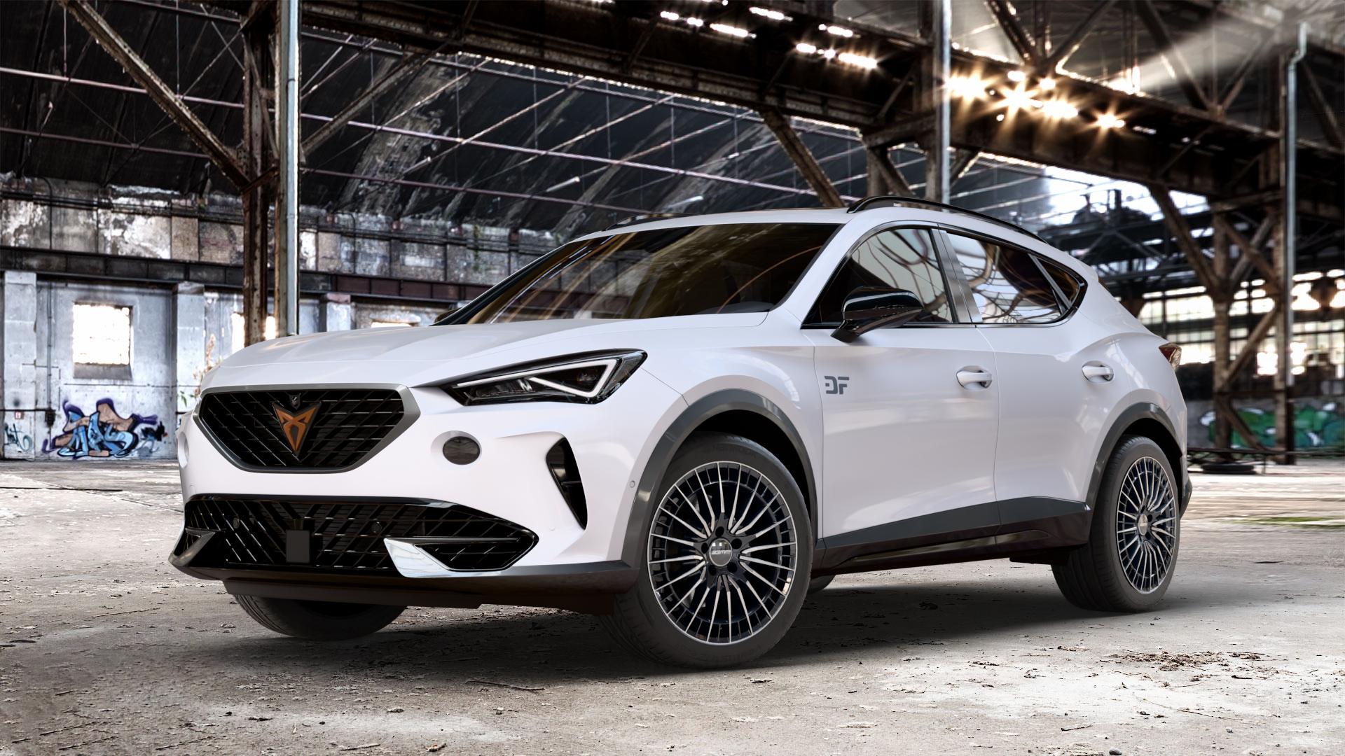 GMP Italia QSTAR Black Diamond Felge mit Reifen schwarz in 18Zoll Winterfelge Alufelge auf weissem Cupra Formentor Typ KM ⬇️ mit 15mm Tieferlegung ⬇️ Old Industrial Hall_max_4400mm_2024 Frontansicht_1