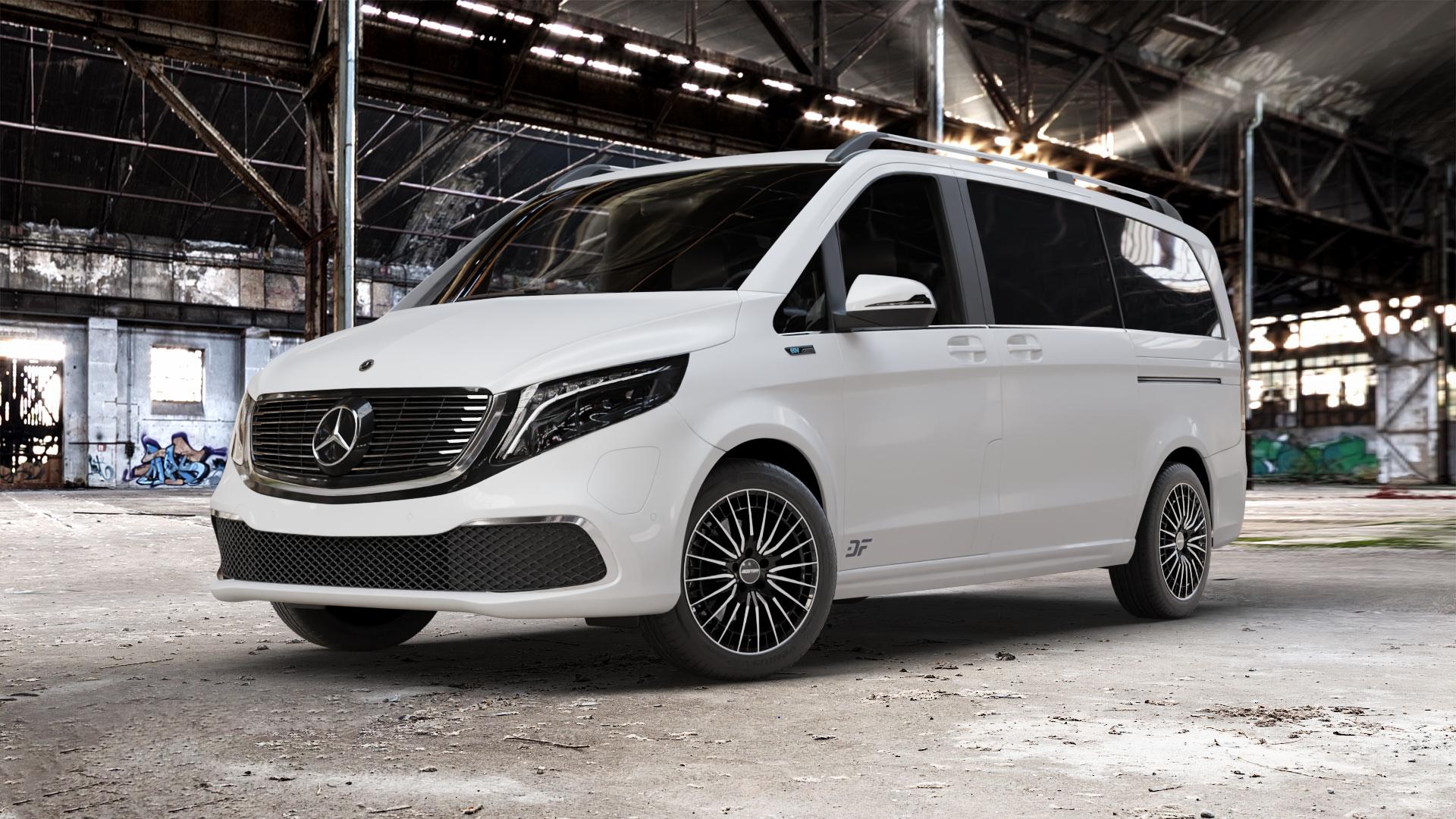 GMP Italia QSTAR Black Diamond Felge mit Reifen schwarz in 18Zoll Winterfelge Alufelge auf weissem Mercedes EQV Typ 639/2 ⬇️ mit 15mm Tieferlegung ⬇️ Old Industrial Hall_max_5300mm_2024 Frontansicht_1