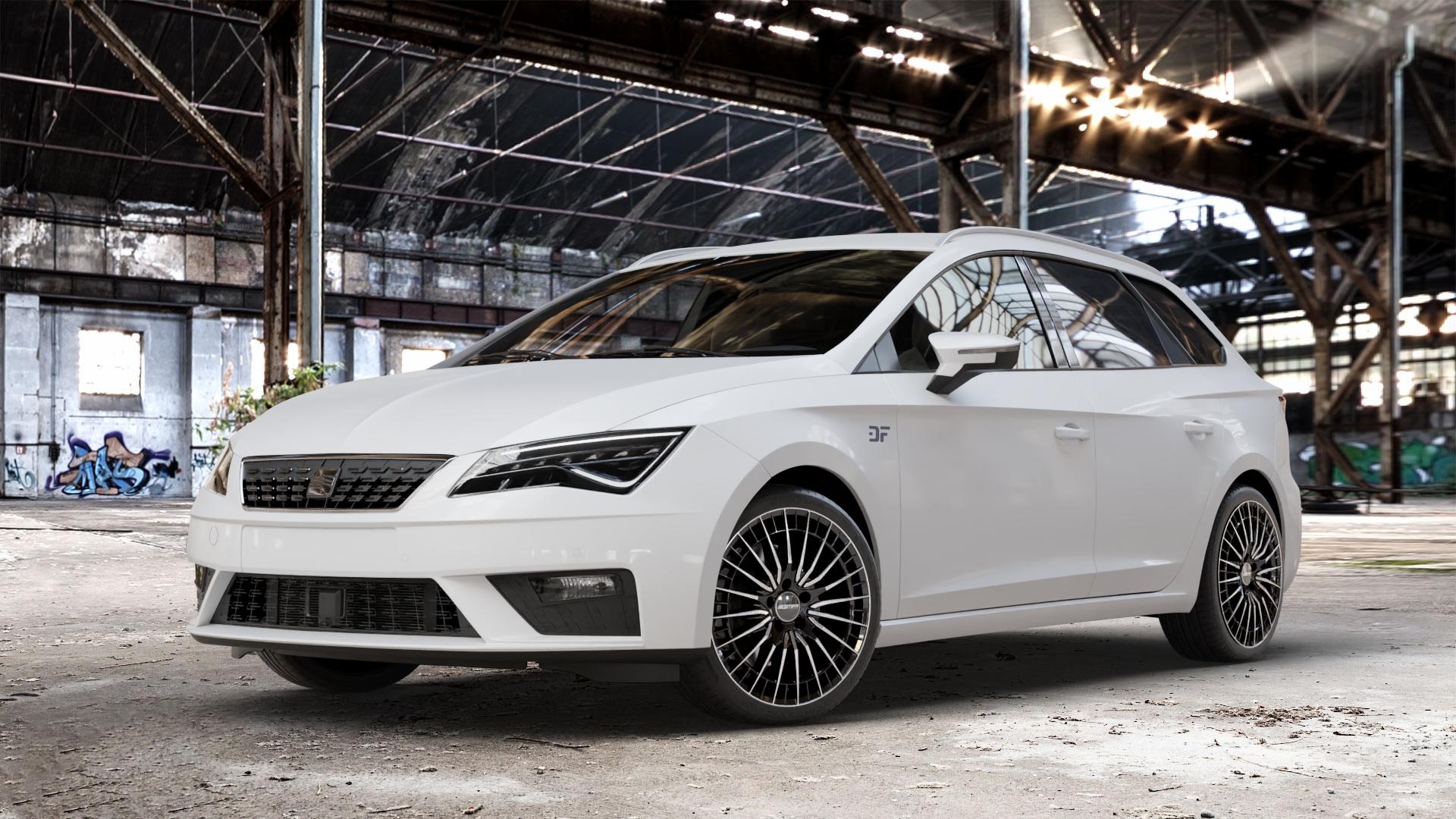 GMP Italia QSTAR Black Diamond Felge mit Reifen schwarz in 18Zoll Winterfelge Alufelge auf weissem Seat Leon Typ 5F ST Facelift ⬇️ mit 15mm Tieferlegung ⬇️ Old Industrial Hall_max_4400mm_2024 Frontansicht_1
