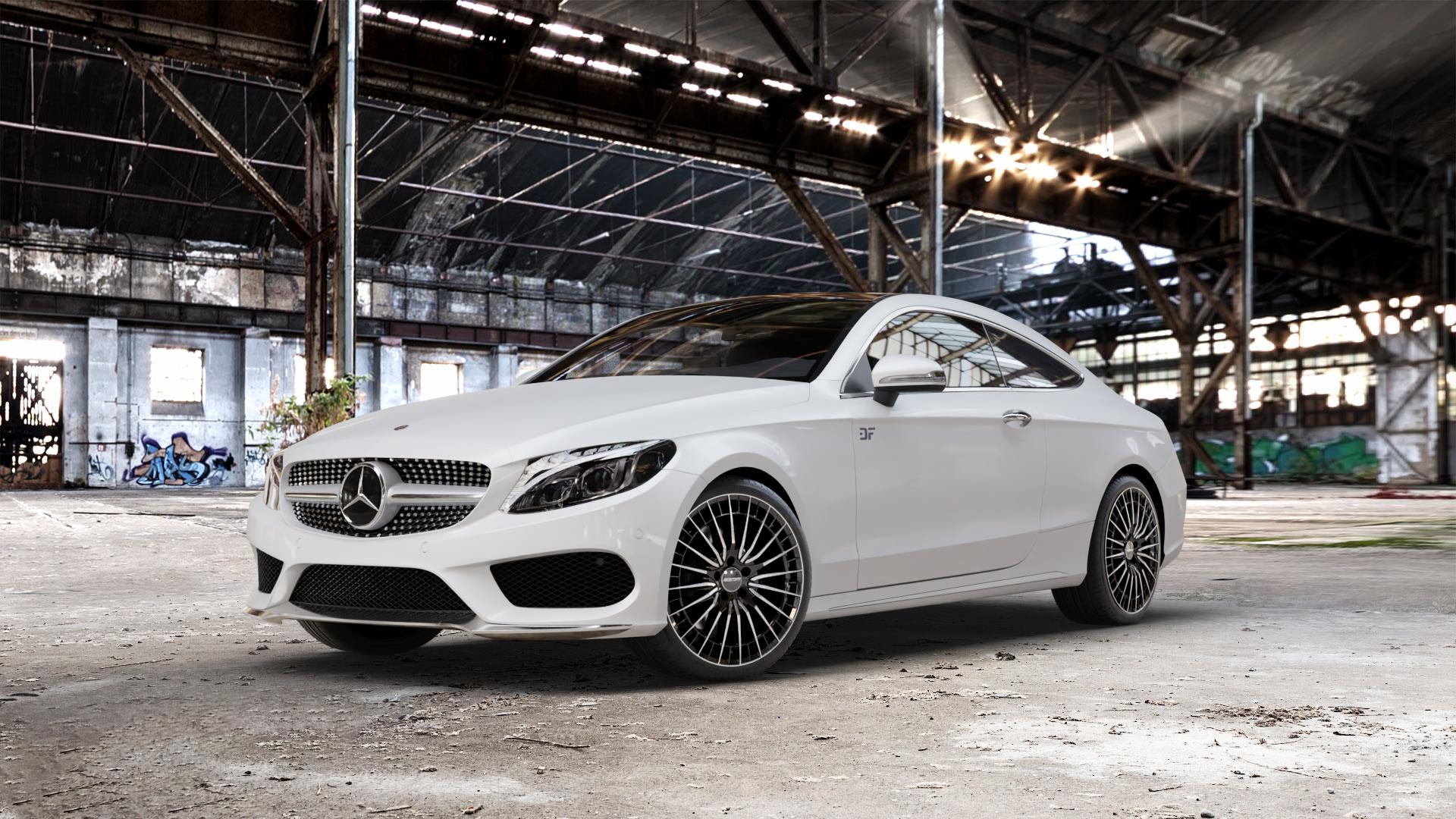 GMP Italia QSTAR Black Diamond Felge mit Reifen schwarz in 19Zoll Winterfelge Alufelge auf weissem Mercedes C-Klasse Typ C205 Coupe Facelift ⬇️ mit 15mm Tieferlegung ⬇️ Old Industrial Hall_max_5300mm_2024 Frontansicht_1