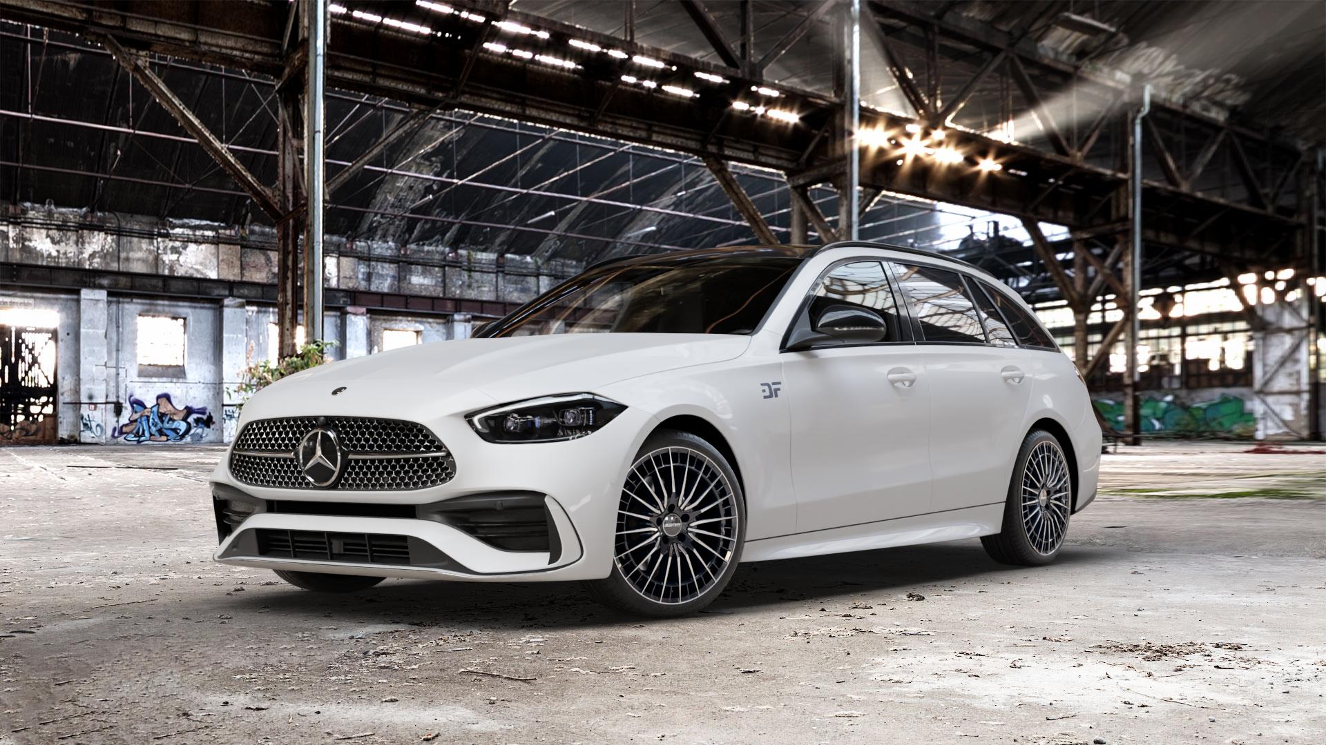 GMP Italia QSTAR Black Diamond Felge mit Reifen schwarz in 19Zoll Winterfelge Alufelge auf weissem Mercedes C-Klasse Typ S206 Kombi ⬇️ mit 15mm Tieferlegung ⬇️ Old Industrial Hall_max_5300mm_2024 Frontansicht_1