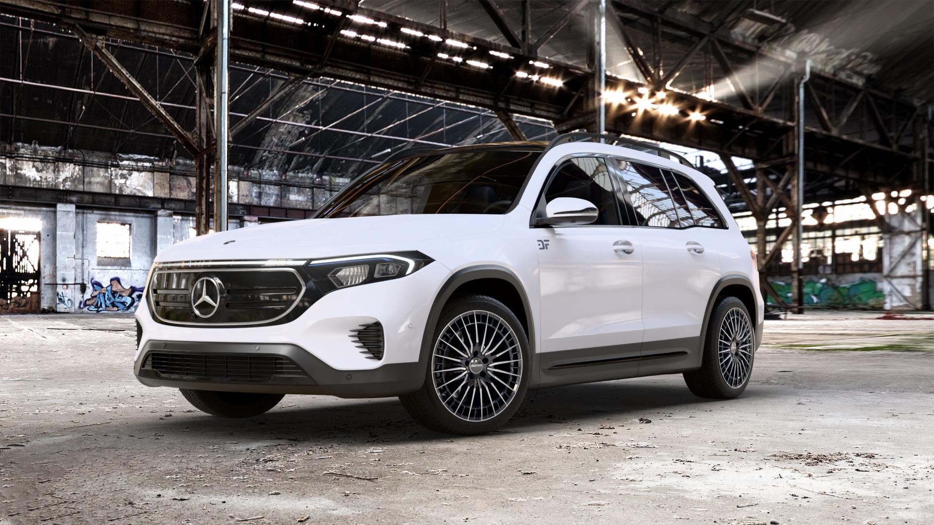 GMP Italia QSTAR Black Diamond Felge mit Reifen schwarz in 19Zoll Winterfelge Alufelge auf weissem Mercedes EQB Typ F2B Facelift 0,0l 300 4Matic 130kW (177 PS) 350 ⬇️ mit 15mm Tieferlegung ⬇️ Old Industrial Hall_max_5300mm_2024 Frontansicht_1