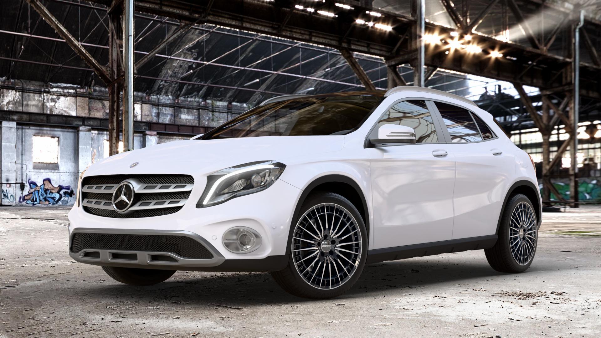 GMP Italia QSTAR Black Diamond Felge mit Reifen schwarz in 19Zoll Winterfelge Alufelge auf weissem Mercedes GLA-Klasse Typ X156 Facelift ⬇️ mit 15mm Tieferlegung ⬇️ Old Industrial Hall_max_4400mm_2024 Frontansicht_1