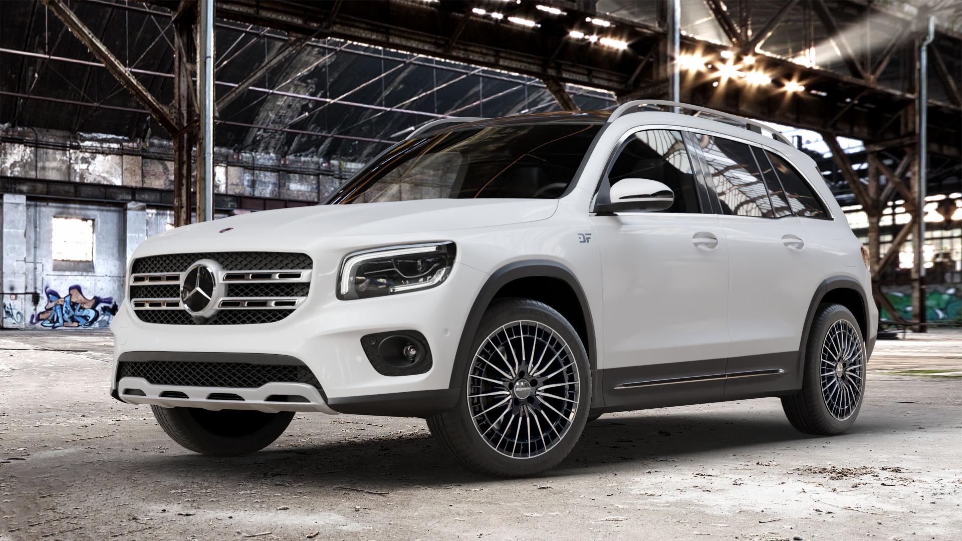 GMP Italia QSTAR Black Diamond Felge mit Reifen schwarz in 19Zoll Winterfelge Alufelge auf weissem Mercedes GLB-Klasse Typ F2B ⬇️ mit 15mm Tieferlegung ⬇️ Old Industrial Hall_max_4400mm_2024 Frontansicht_1