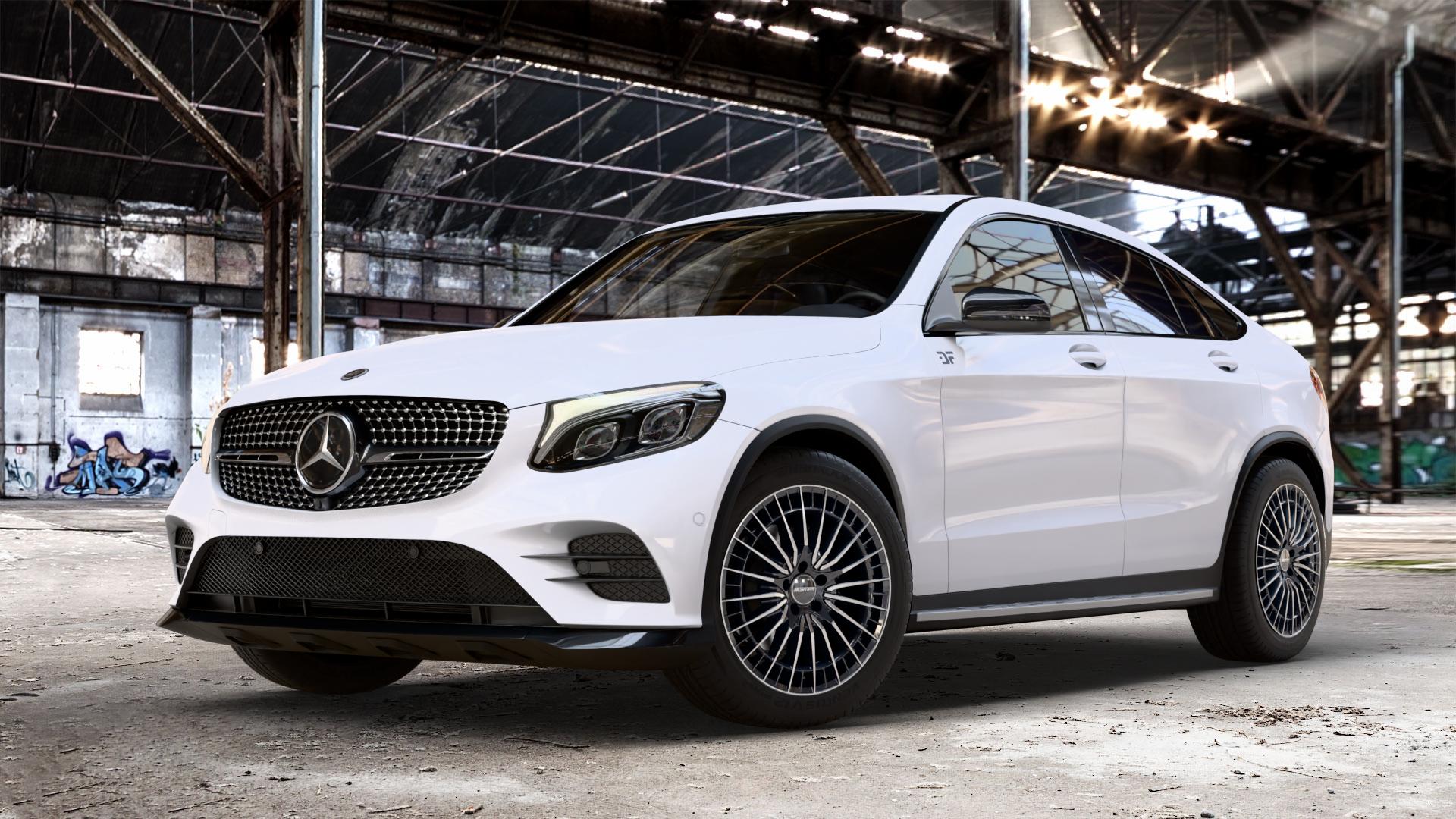 GMP Italia QSTAR Black Diamond Felge mit Reifen schwarz in 19Zoll Winterfelge Alufelge auf weissem Mercedes GLC-Klasse Coupe Typ C253 ⬇️ mit 15mm Tieferlegung ⬇️ Old Industrial Hall_max_4400mm_2024 Frontansicht_1