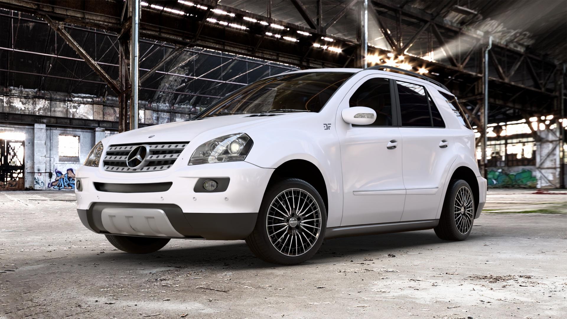 GMP Italia QSTAR Black Diamond Felge mit Reifen schwarz in 19Zoll Winterfelge Alufelge auf weissem Mercedes M-Klasse Typ W164 ⬇️ mit 15mm Tieferlegung ⬇️ Old Industrial Hall_max_5300mm_2024 Frontansicht_1